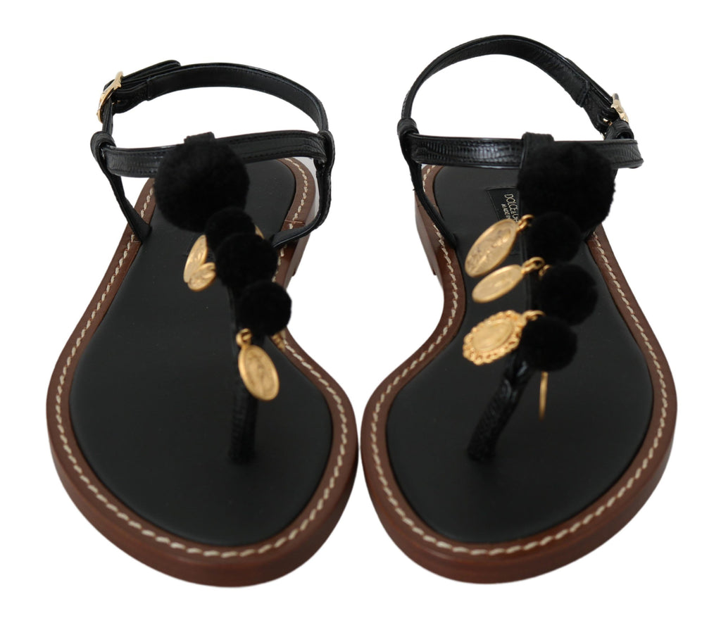 Dolce & Gabbana Schwarzes Leder Münzen Flip Flops Sandalen Schuhe