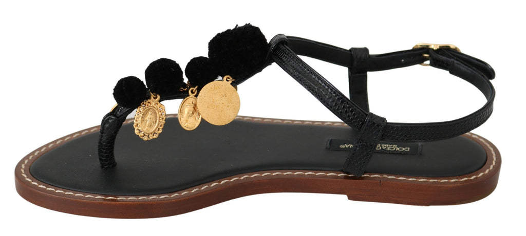 Dolce & Gabbana Schwarzes Leder Münzen Flip Flops Sandalen Schuhe