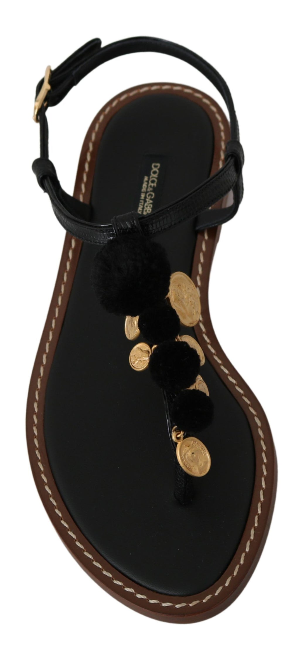 Dolce & Gabbana Schwarze Leder Flip Flops Sandalen mit Münzen