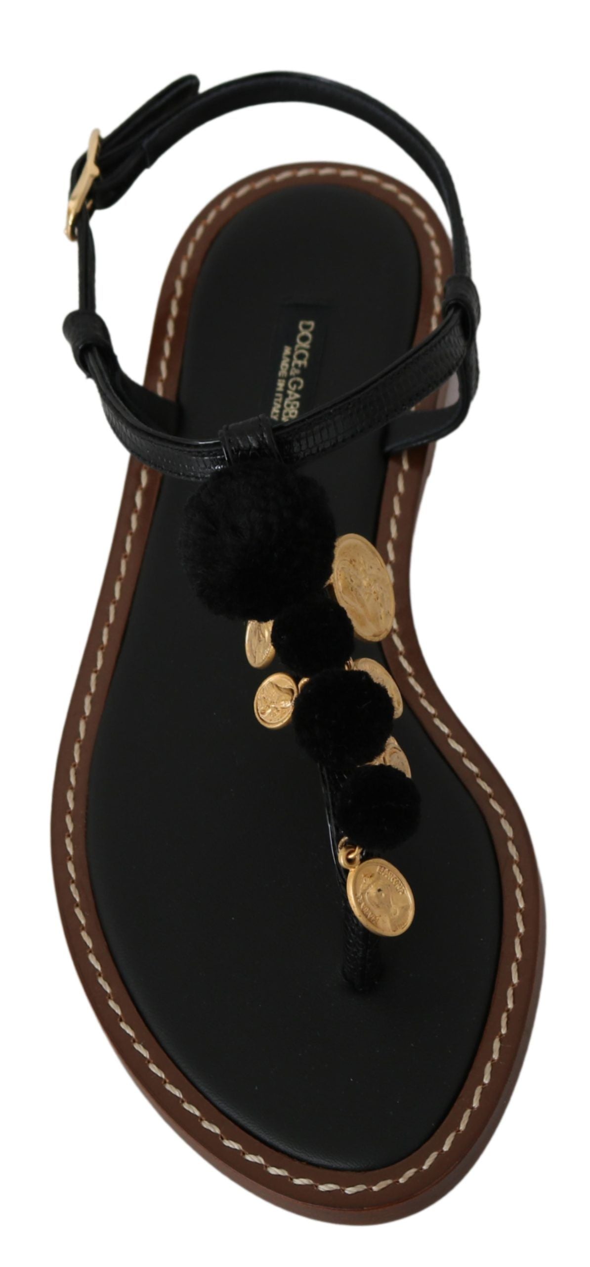 Dolce & Gabbana Schwarze Leder Flip Flops Sandalen mit Münzen