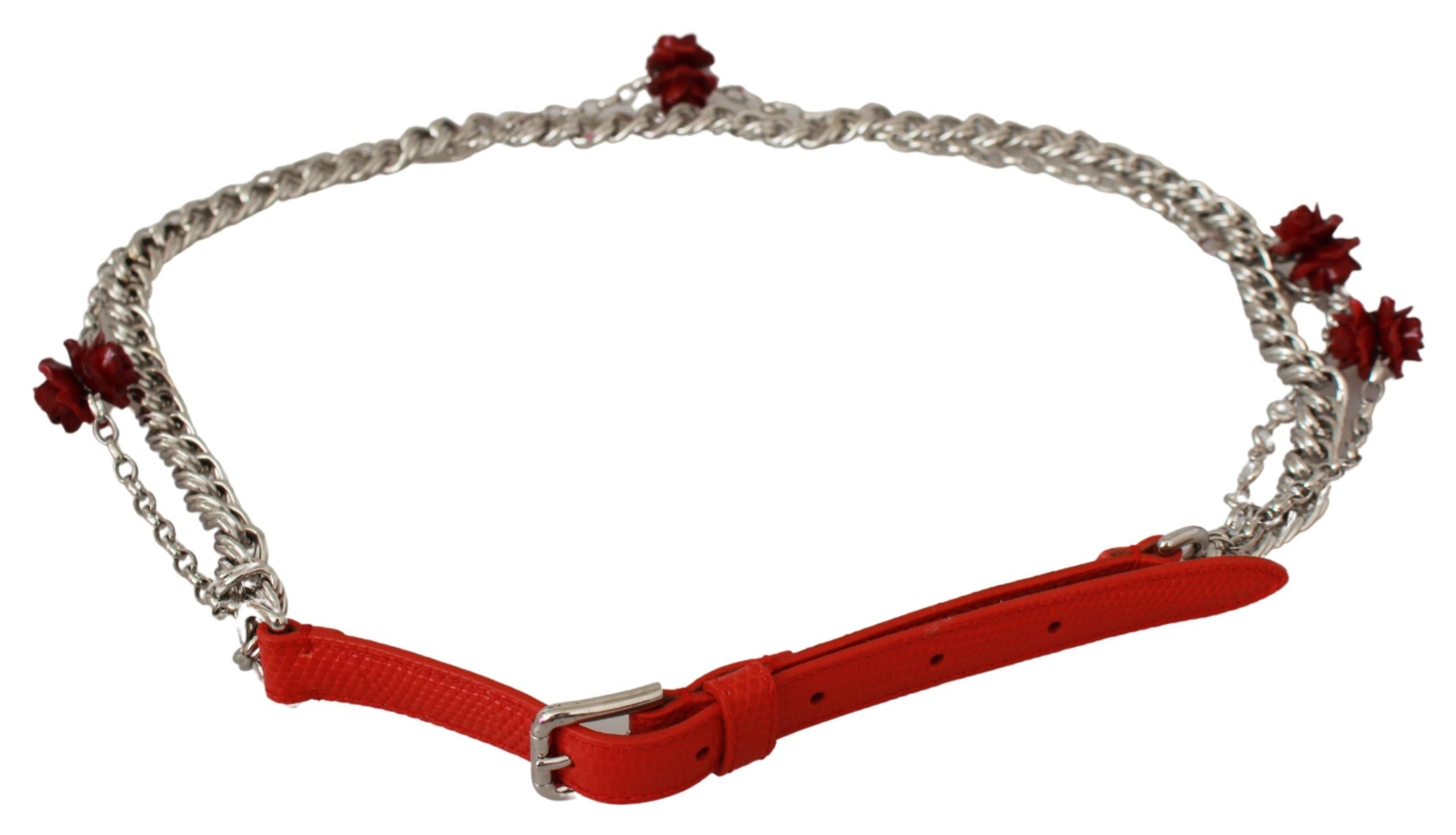 Dolce & Gabbana Roter Taillengürtel aus Leder mit Rosenblüten und Silberakzenten