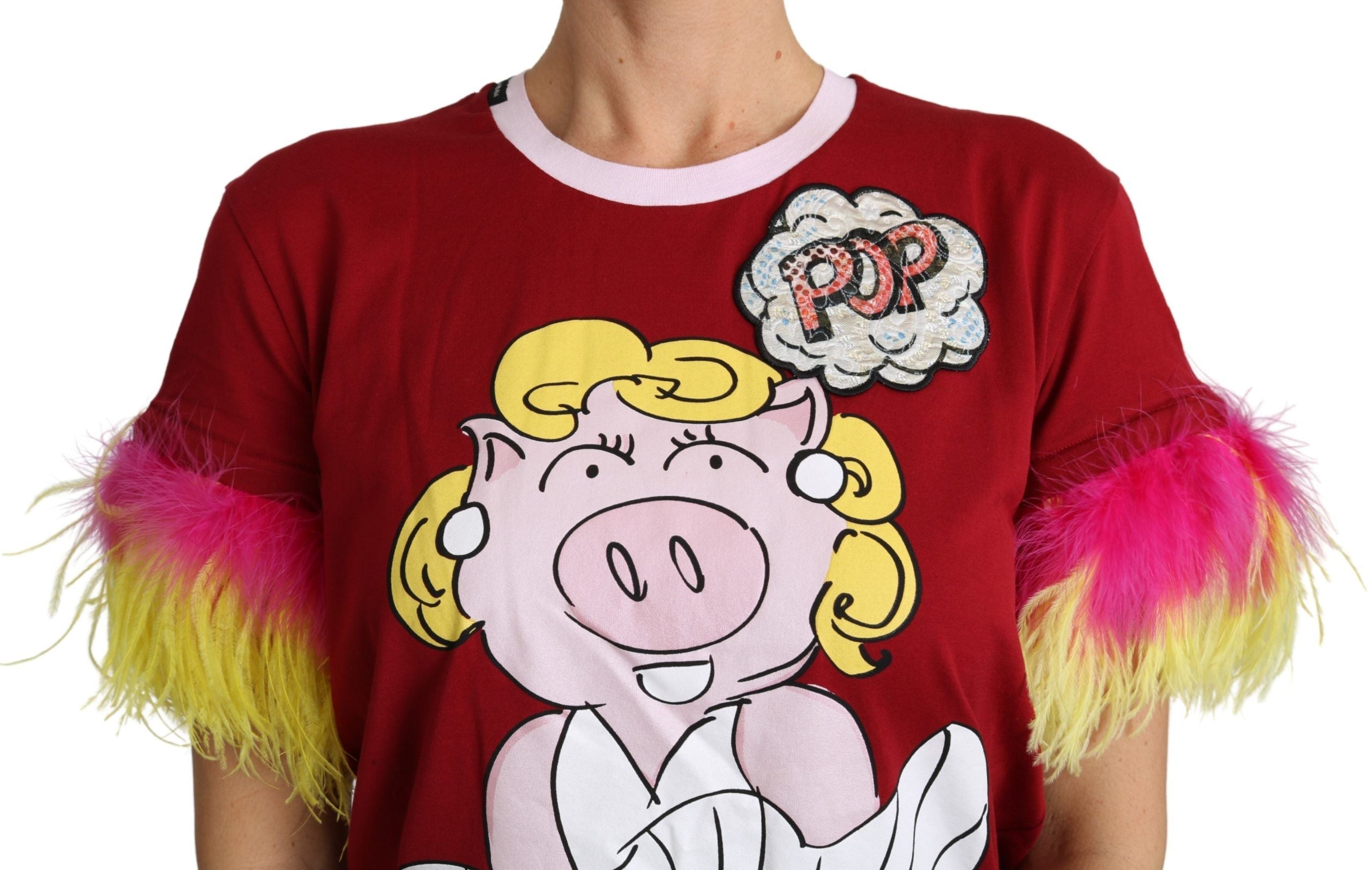 Dolce & Gabbana Rotes Schwein Druck Feder Ärmel T-shirt Top