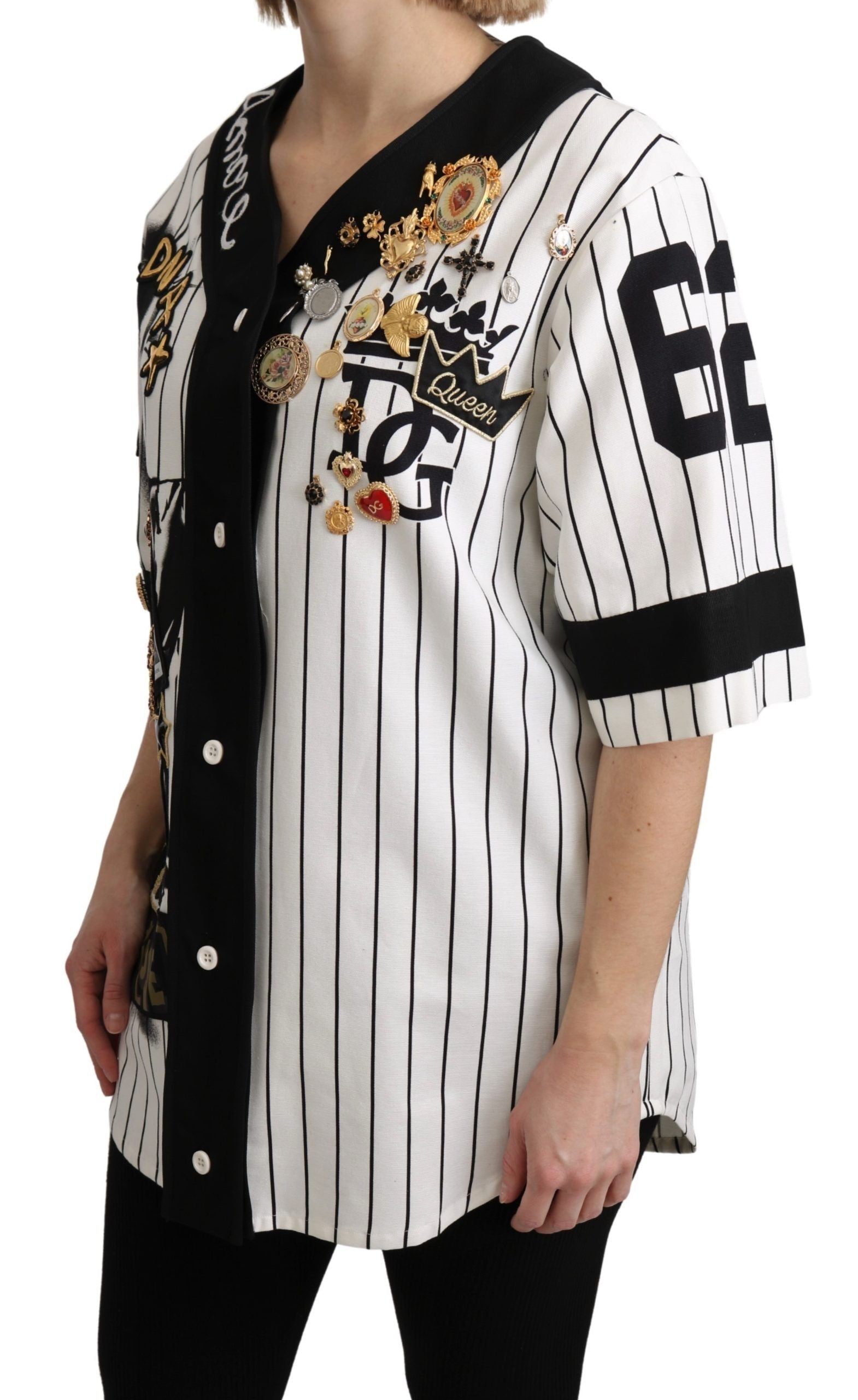 Dolce & Gabbana Weiß-schwarze Bluse Baumwolle Crystal Charms Amore Shirt