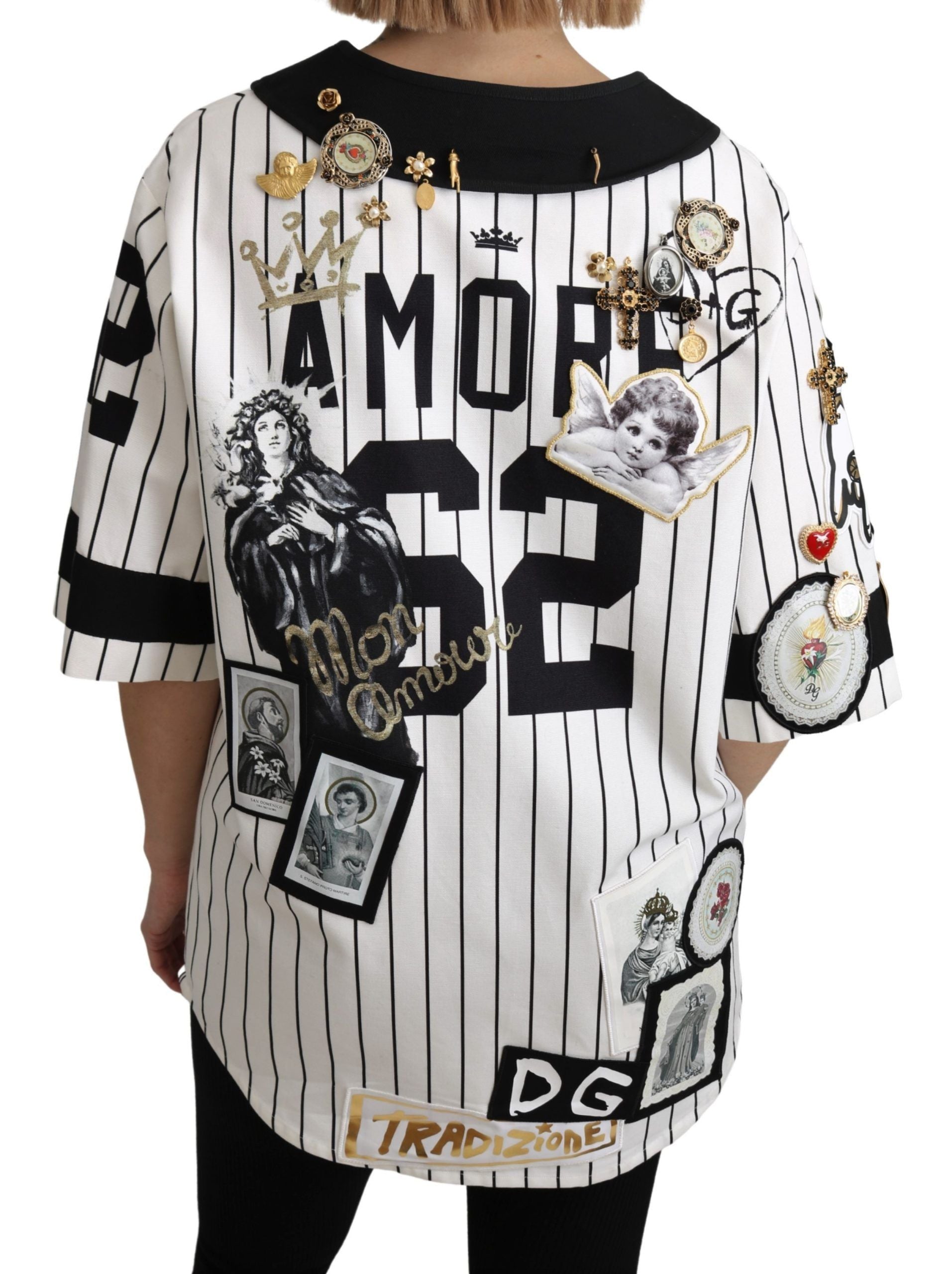 Dolce & Gabbana Weiß-schwarze Bluse Baumwolle Crystal Charms Amore Shirt