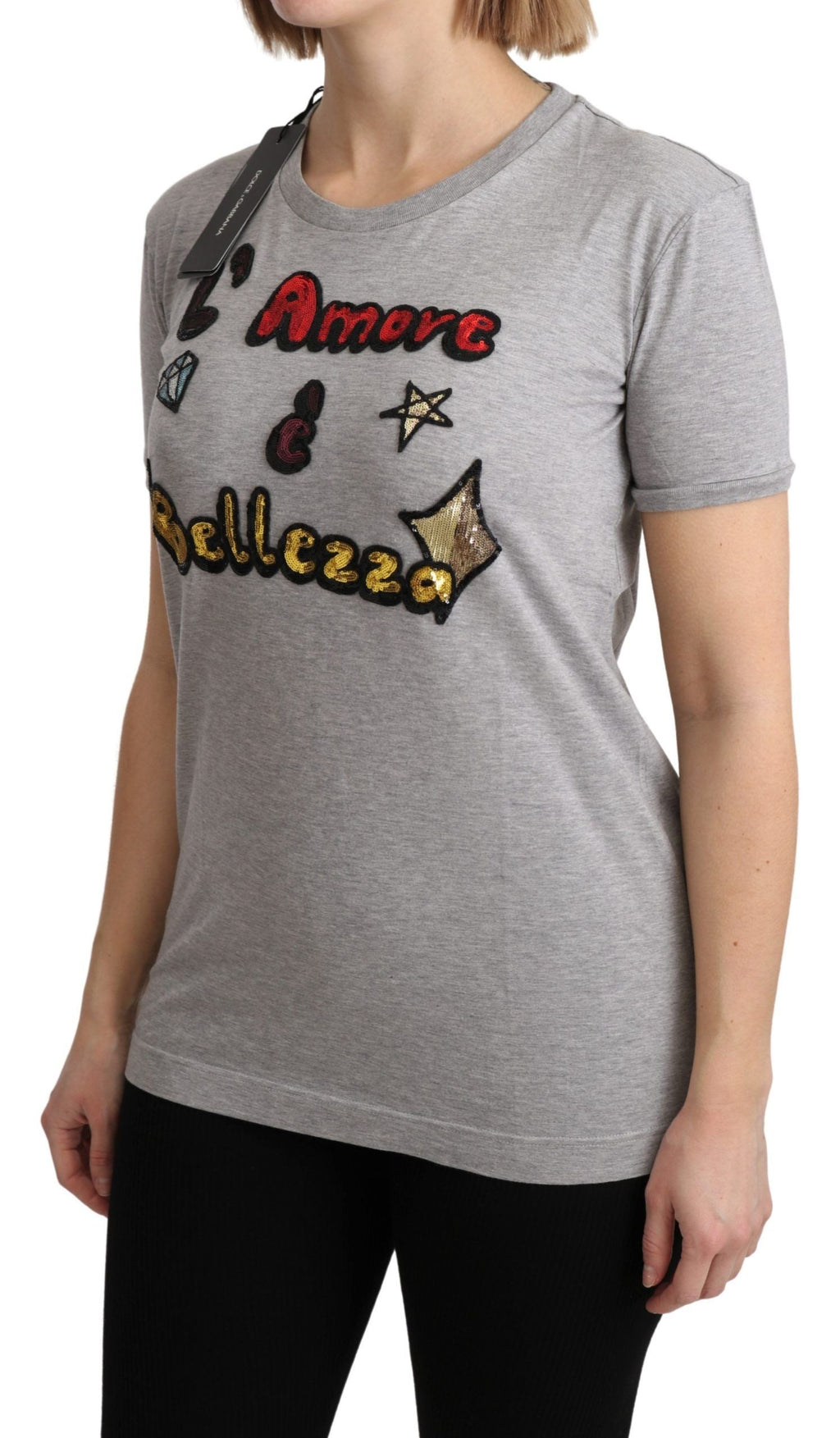 Dolce & Gabbana Graues Baumwoll-T-Shirt Amore e Bellezza