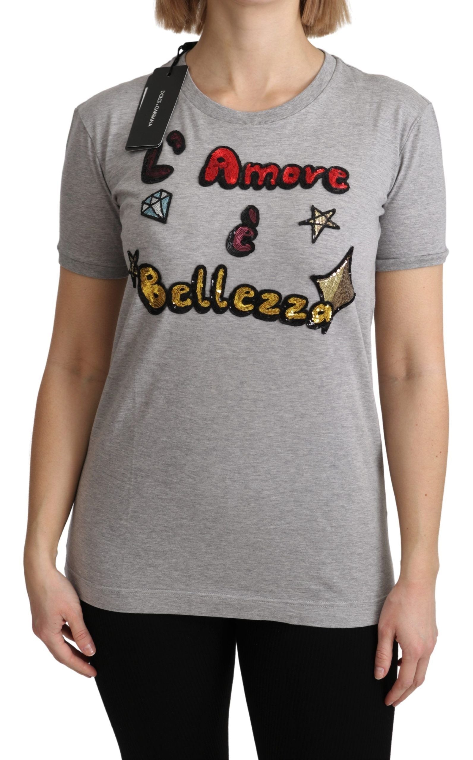 Dolce & Gabbana Graues Baumwoll-T-Shirt Amore e Bellezza