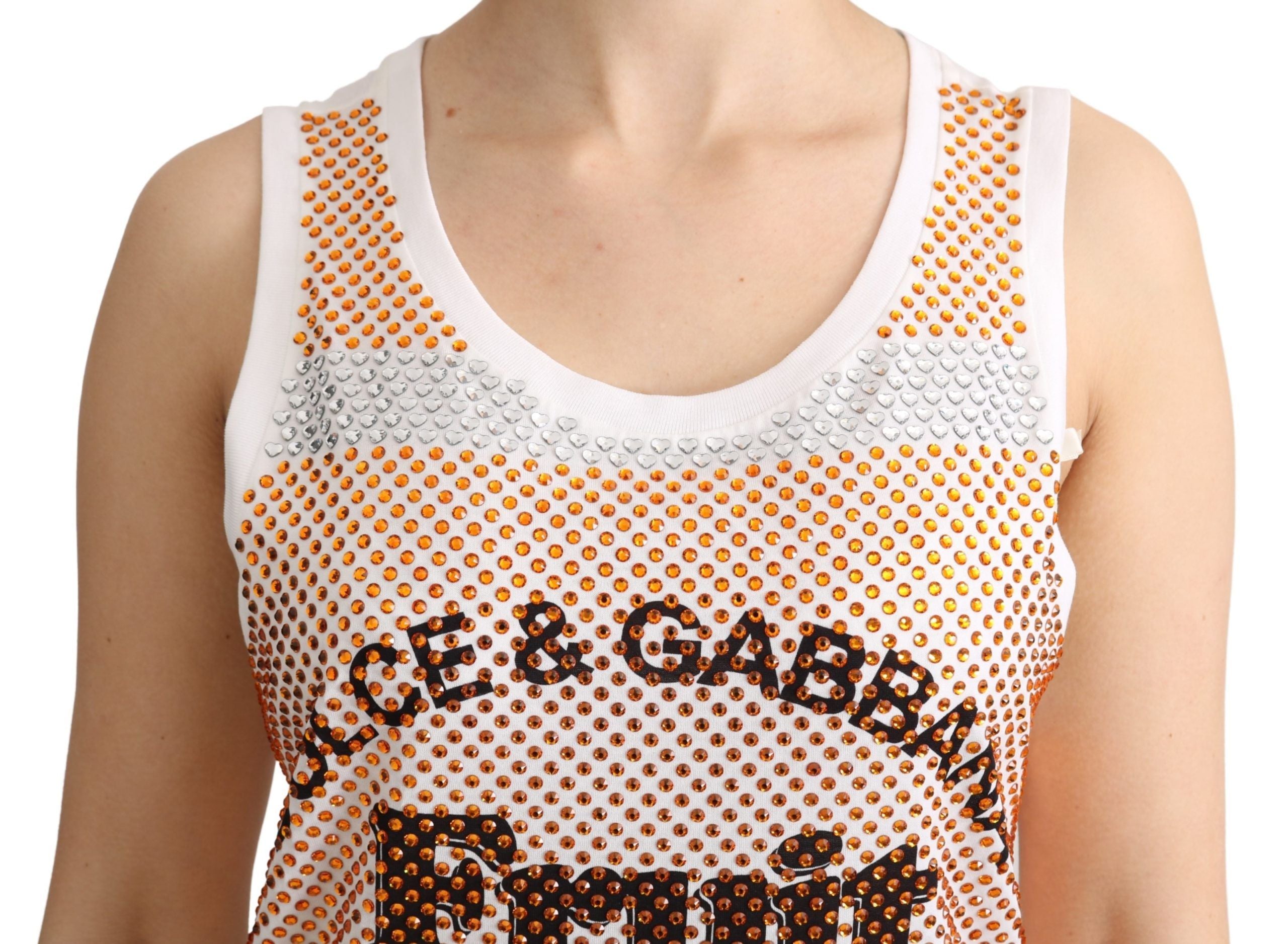 Dolce & Gabbana Weiß Orange Kristall Ärmelloses Tank Top Baumwolle