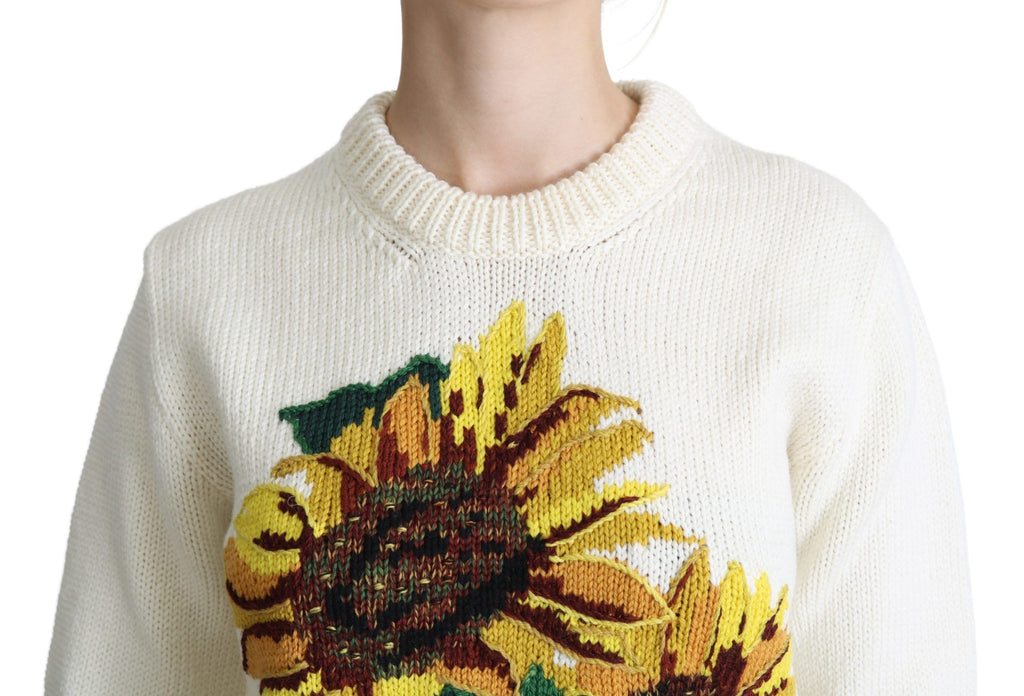 Dolce & Gabbana Weißer Pullover aus geblümter Wolle Sonnenblumenpullover