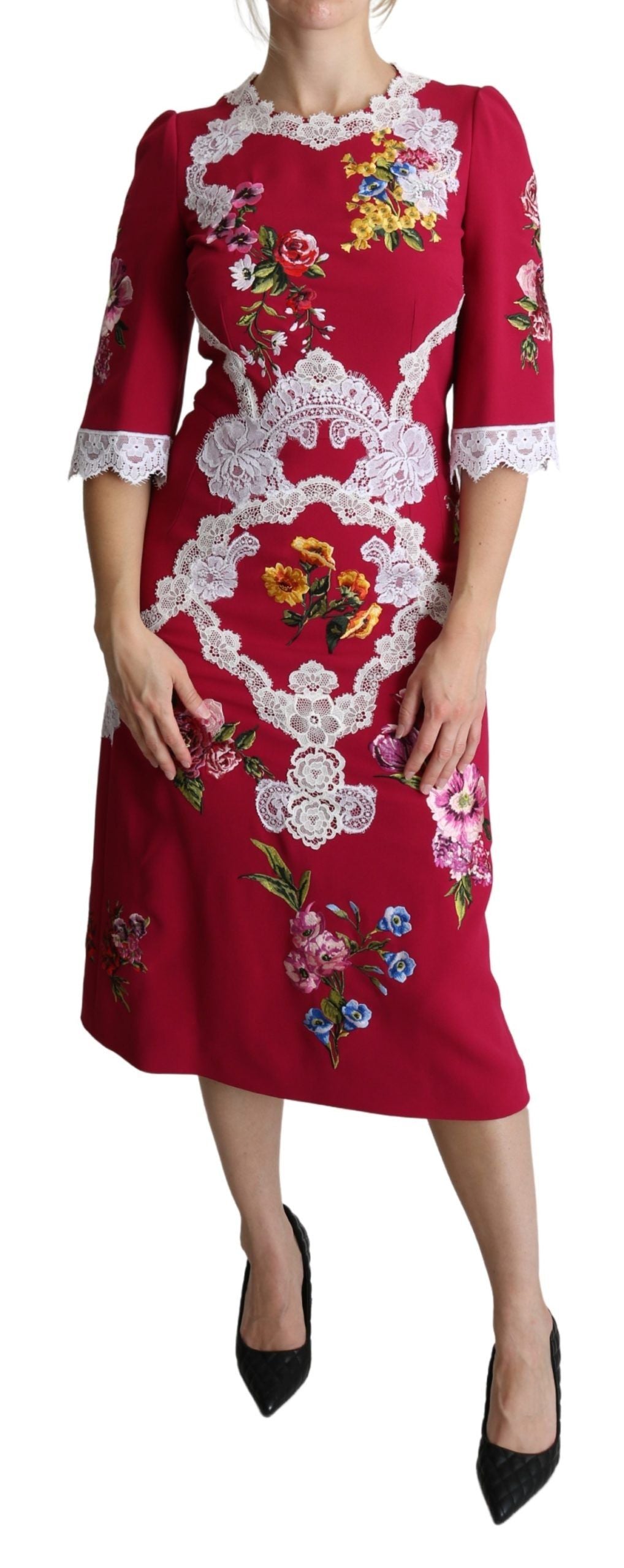 Dolce & Gabbana Rotes besticktes Etuikleid mit Blumenmuster