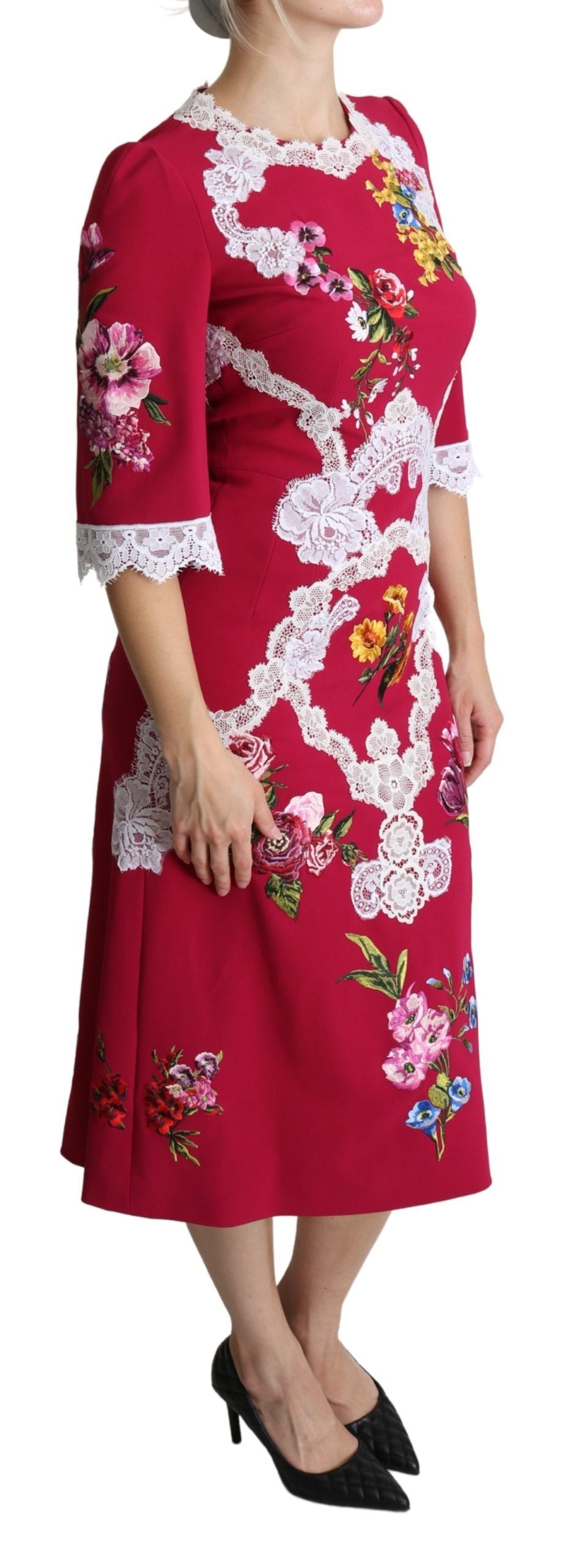 Dolce & Gabbana Rotes besticktes Etuikleid mit Blumenmuster