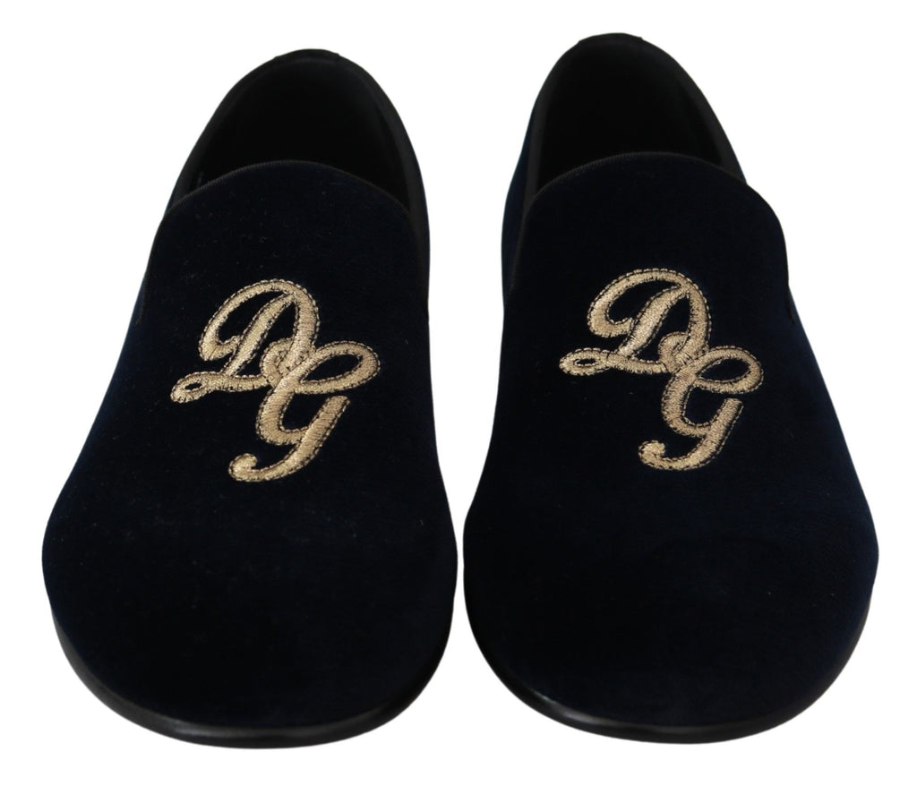 Dolce & Gabbana Blauer Samt Gold Logo Slipper Loafers Schuhe