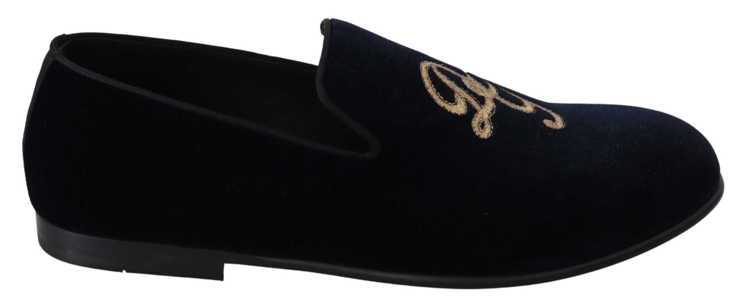 Dolce & Gabbana Blauer Samt Gold Logo Slipper Loafers Schuhe