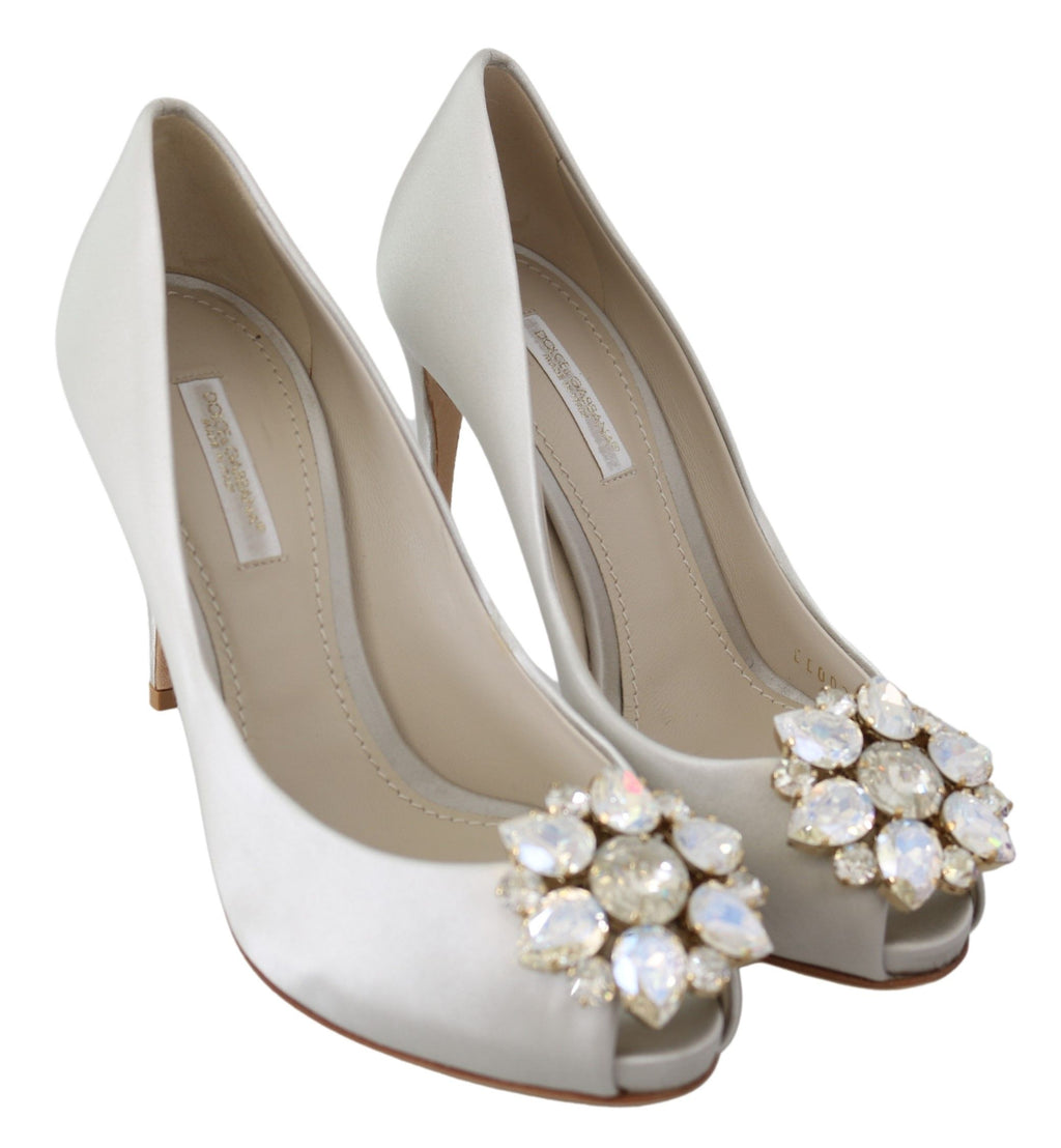 Dolce & Gabbana Weiß Crystals Peep Toe Heels Satin Pumps Schuhe