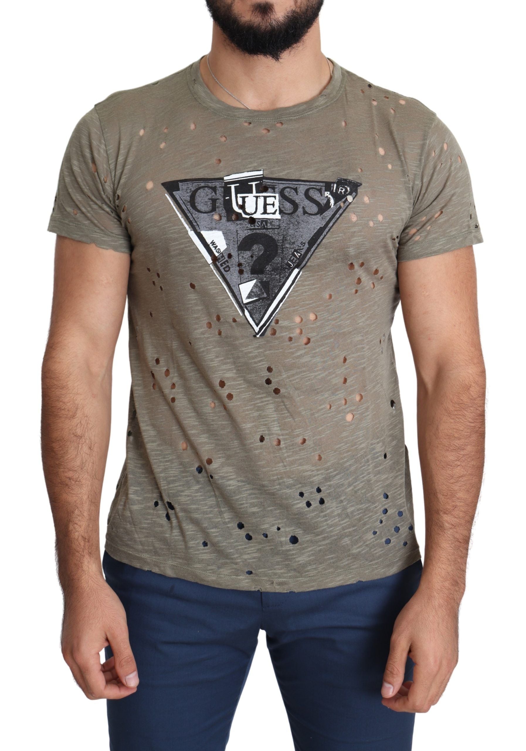 Guess Braunes Baumwoll-Stretch-T-Shirt mit Logodruck für Männer Casual Perforated T-Shirt