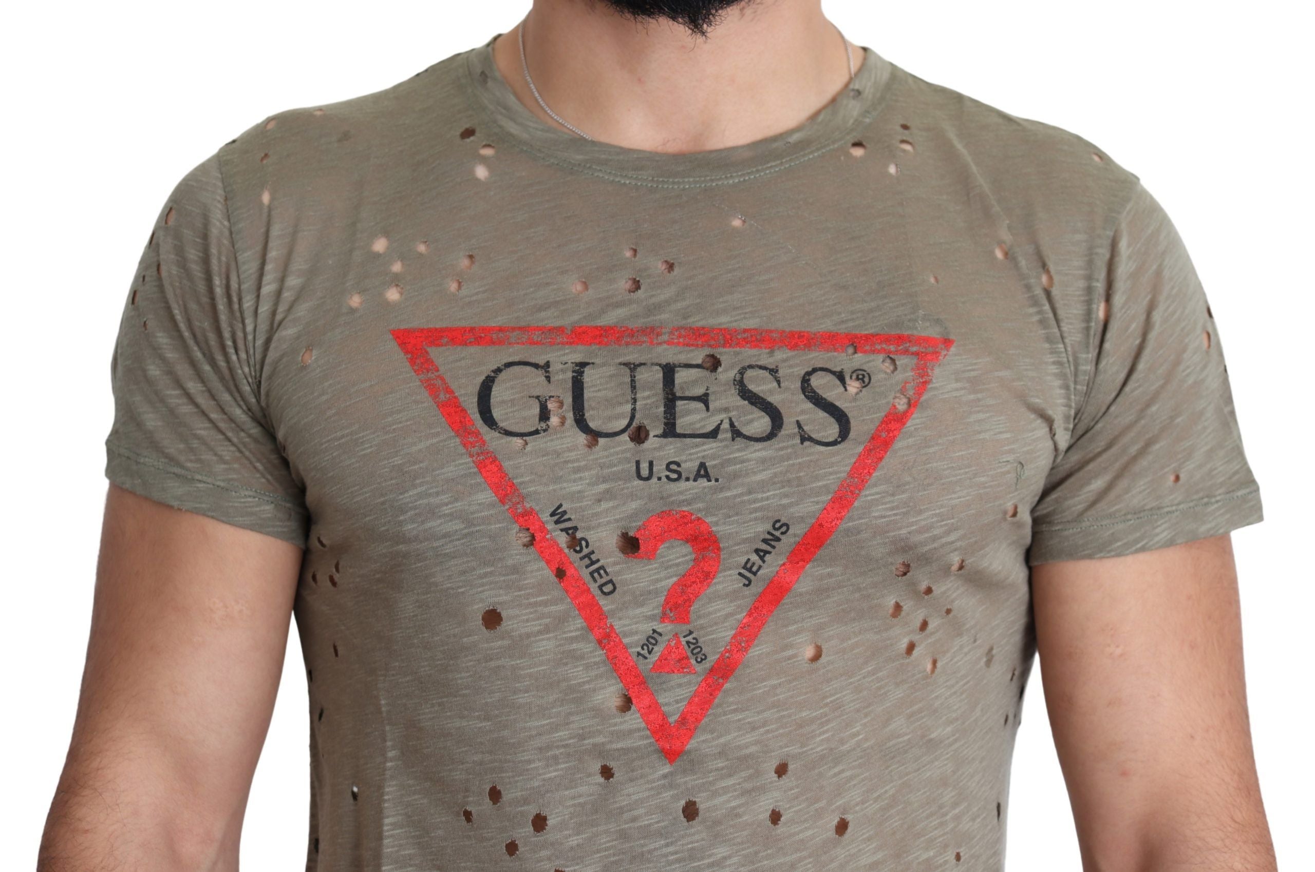 Guess Braunes Baumwoll-Stretch-T-Shirt mit Logodruck für Männer Casual Perforated T-Shirt