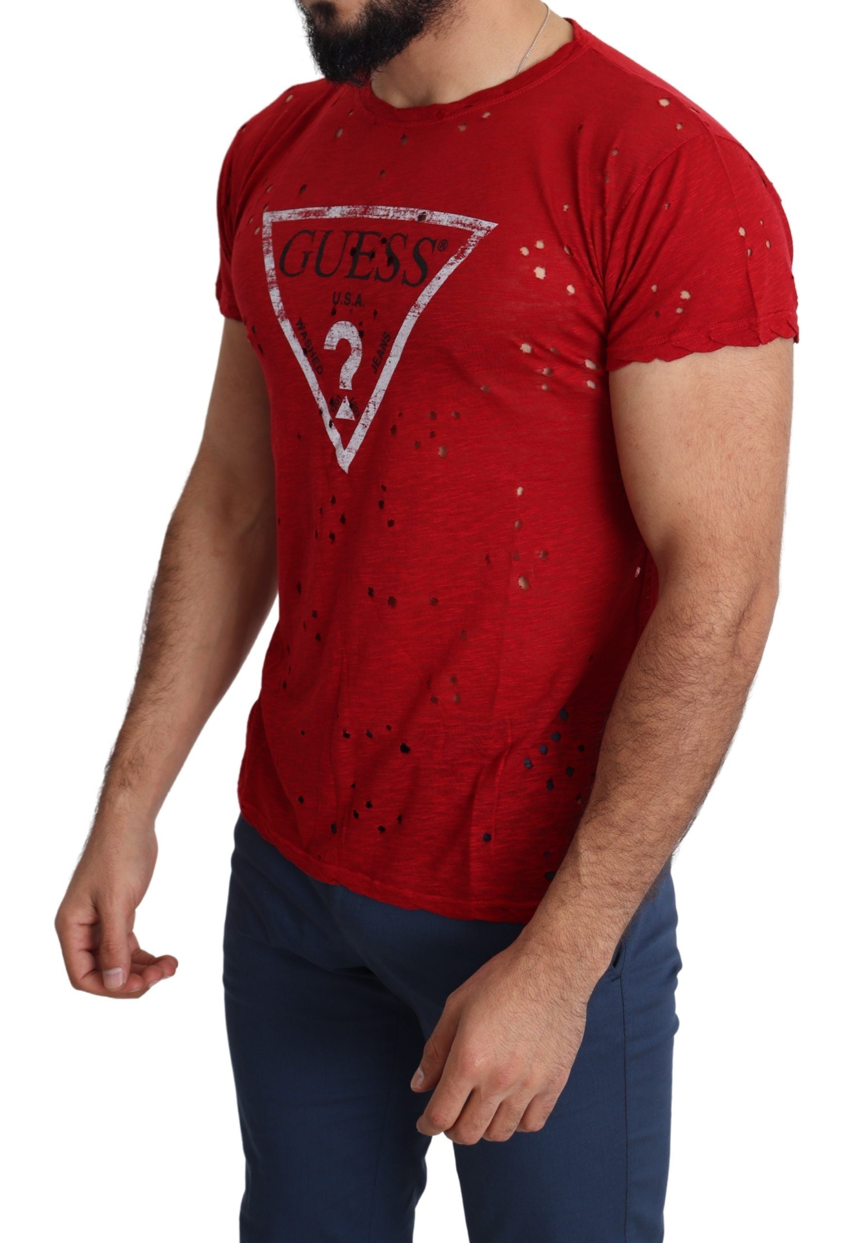 Guess Rotes Baumwoll-Logo Print Männer Casual Top Perforiertes T-Shirt