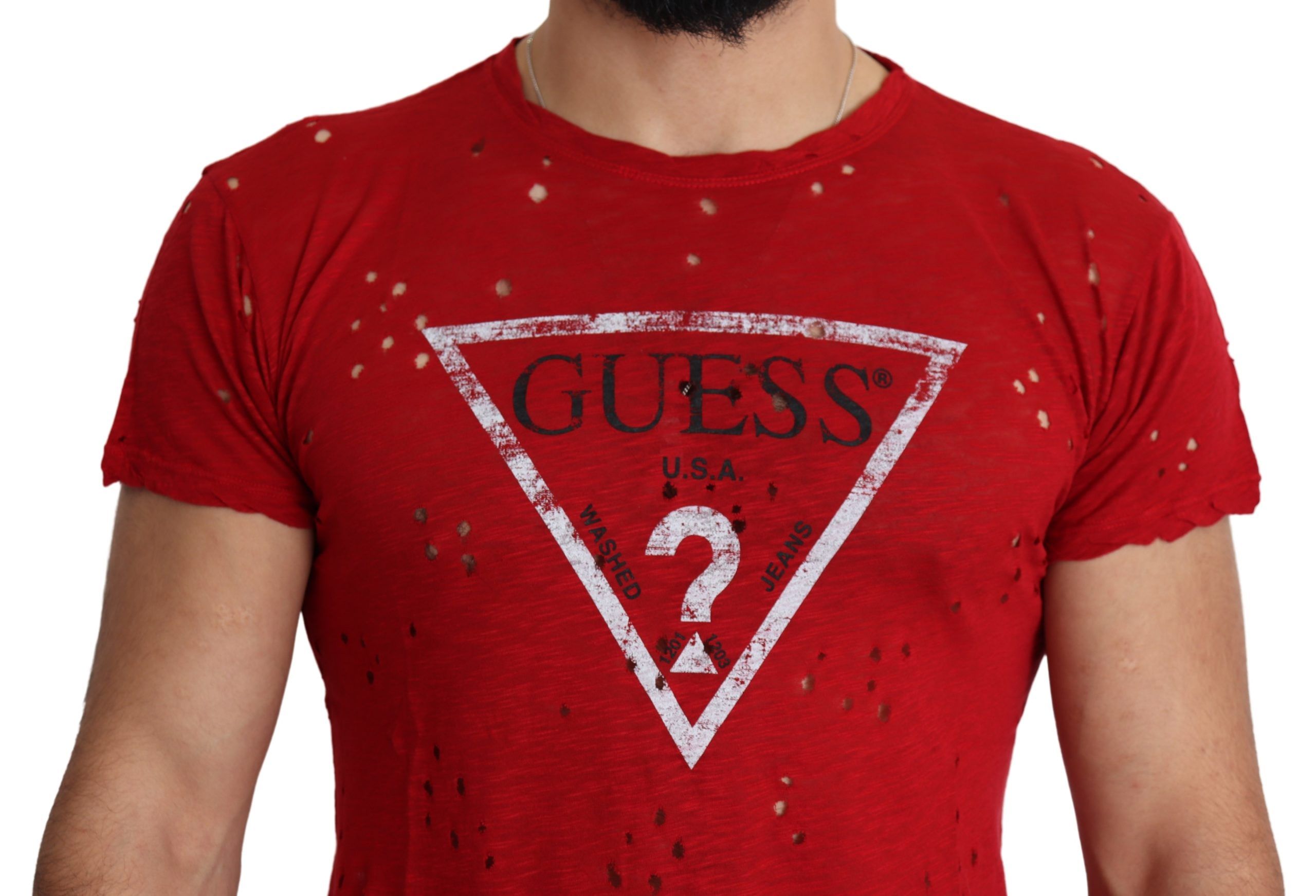 Guess Rotes Baumwoll-Logo Print Männer Casual Top Perforiertes T-Shirt