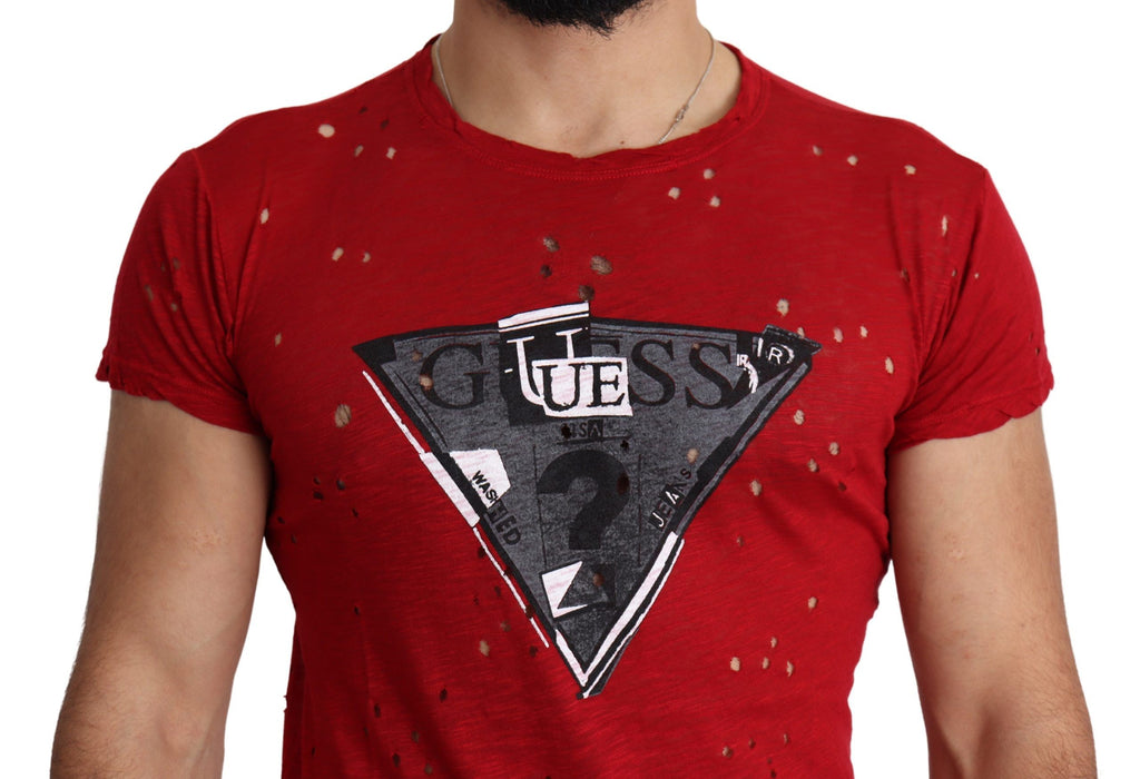 Guess Rotes Baumwoll-Logo Print Männer Casual Top Perforiertes T-Shirt