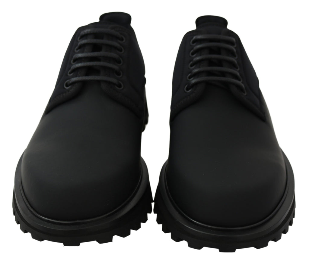 Dolce & Gabbana Schwarze gummierte Kalbsleder Chunky Derby Vulcano Schuhe