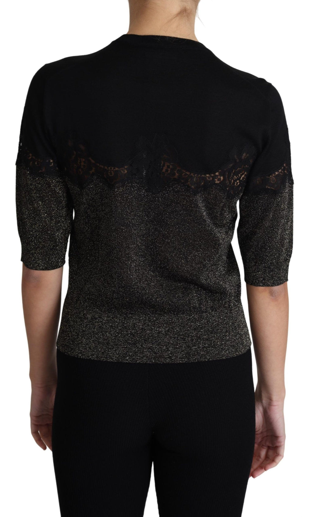 Dolce & Gabbana Schwarzer glänzender Lurex-Spitzeneinsatz Pullover Top