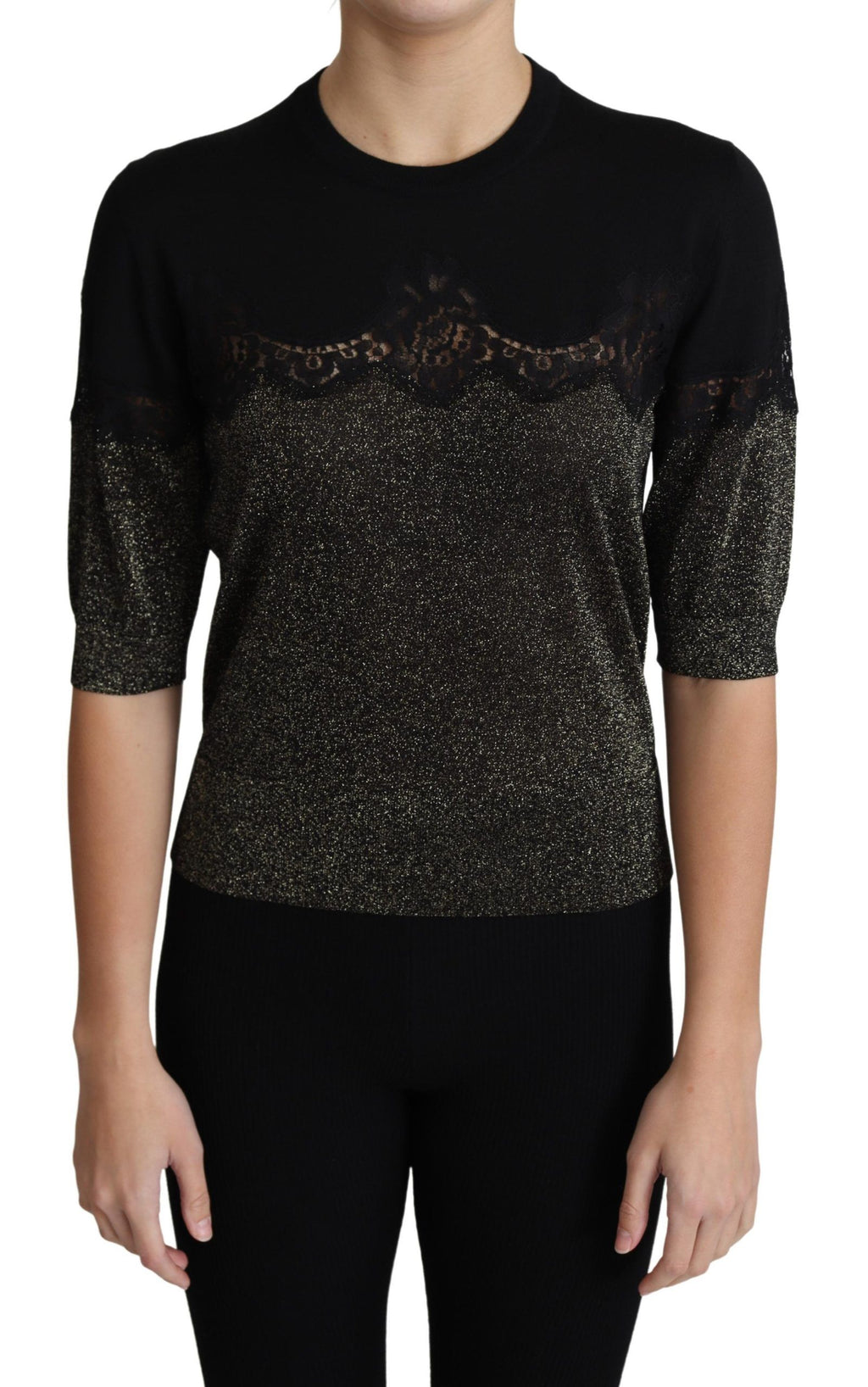 Dolce & Gabbana Schwarzer glänzender Lurex-Spitzeneinsatz Pullover Top