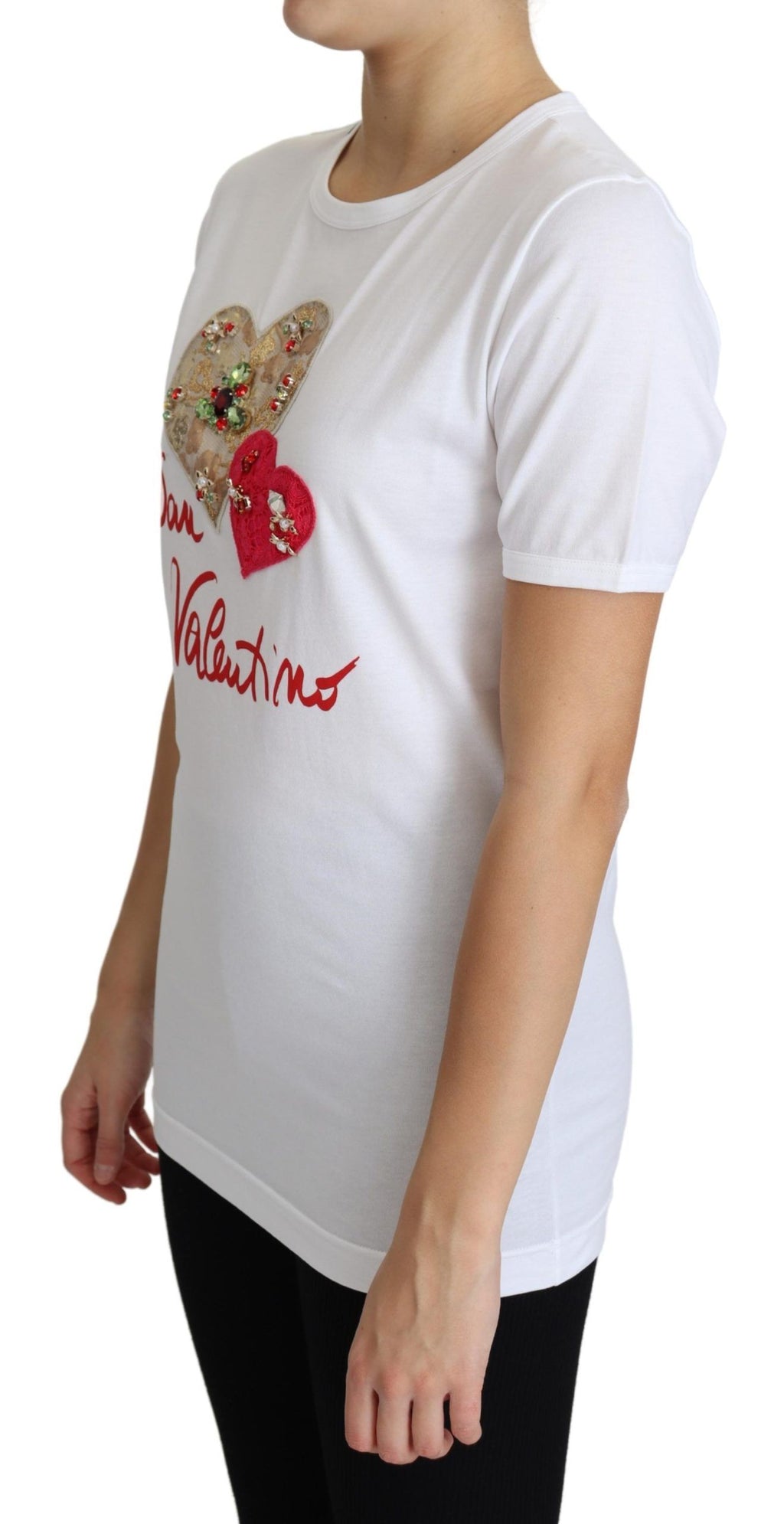 Dolce & Gabbana Weißes San Valentino Herz Kristalle T-shirt Top