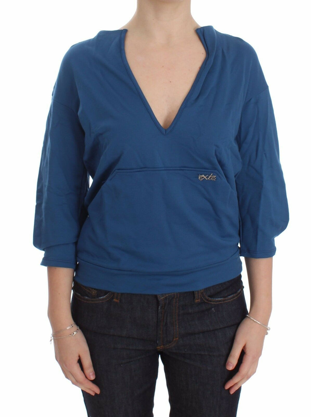 Exte Blaues Baumwolltop Pullover mit tiefem V-Ausschnitt Frauen Pullover