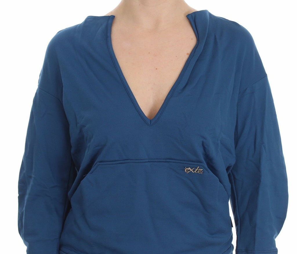 Exte Blaues Baumwolltop Pullover mit tiefem V-Ausschnitt Frauen Pullover