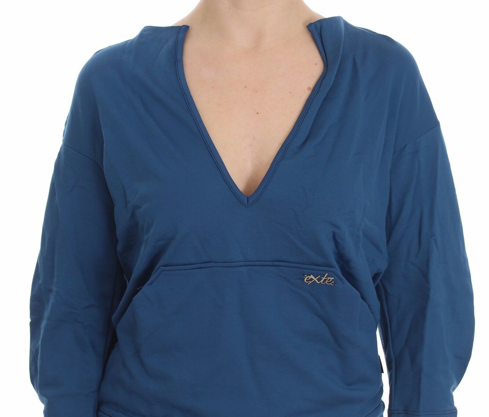Exte Blaues Baumwolltop Pullover mit tiefem V-Ausschnitt Frauen Pullover
