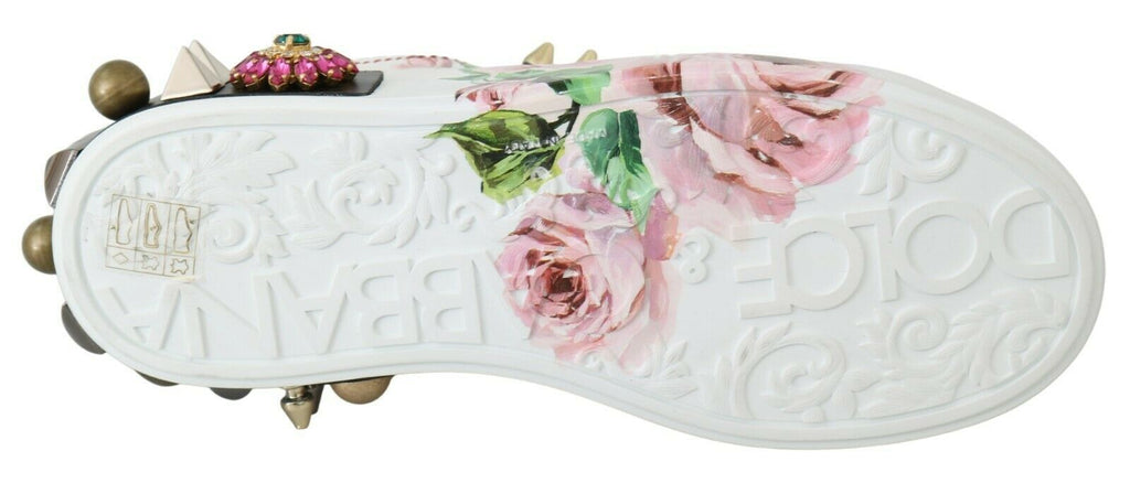 Dolce & Gabbana Weißes Leder Kristall Rosen Floral Turnschuhe Schuhe