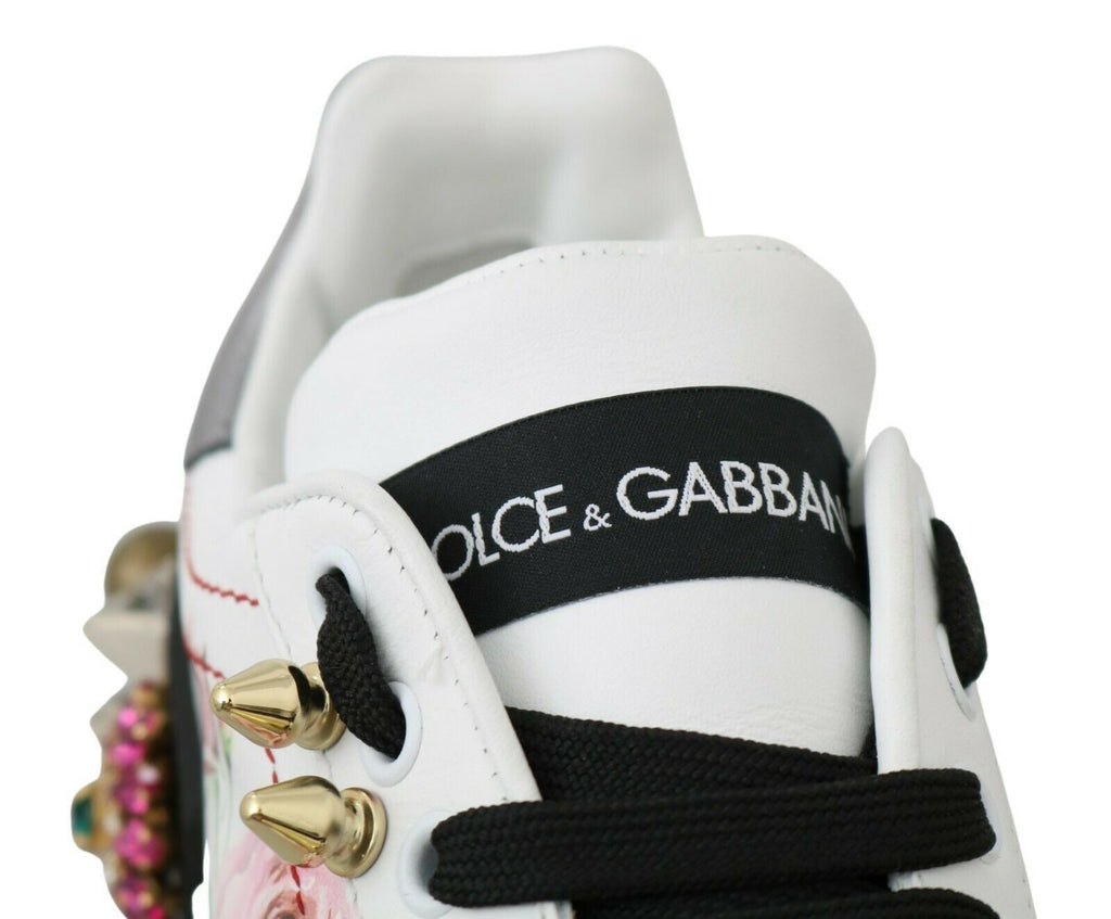 Dolce & Gabbana Weißes Leder Kristall Rosen Floral Turnschuhe Schuhe