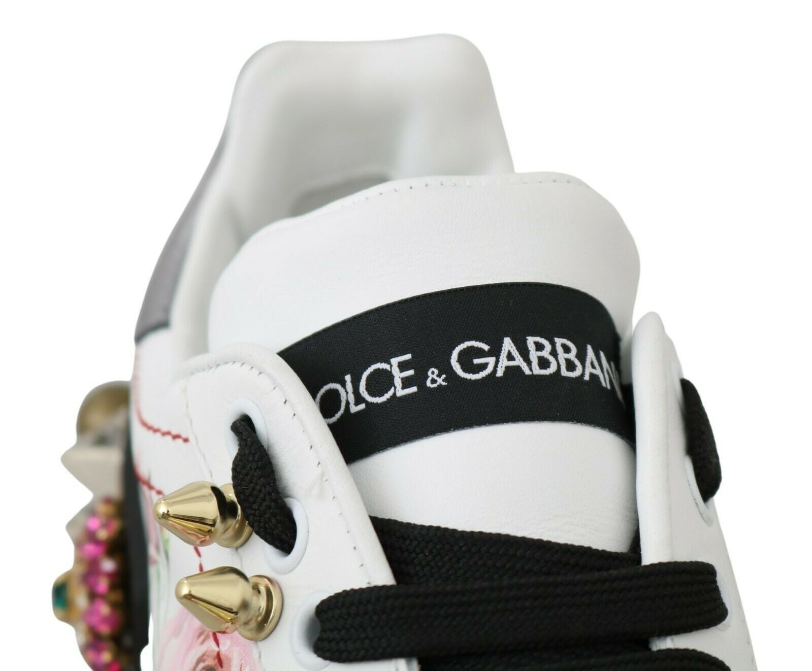 Dolce & Gabbana Weißes Leder Kristall Rosen Floral Turnschuhe Schuhe