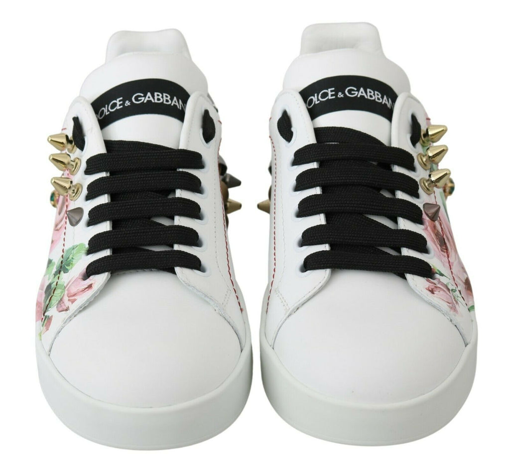 Dolce & Gabbana Weißes Leder Kristall Rosen Floral Turnschuhe Schuhe