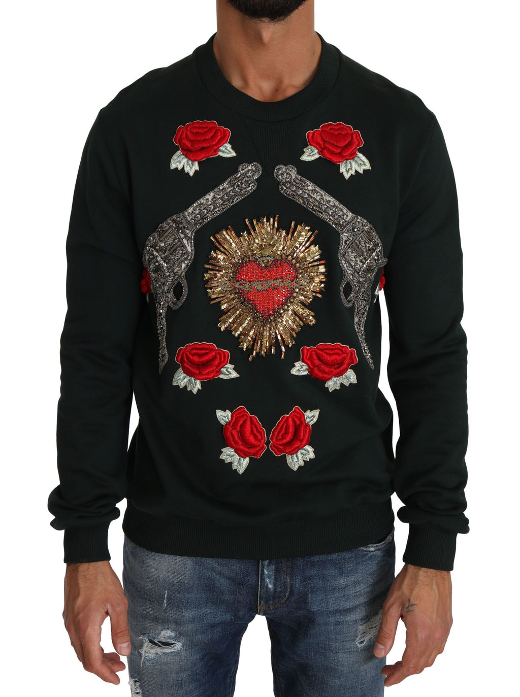 Dolce & Gabbana Grüner Kristall Herz Rosen Gun Pullover
