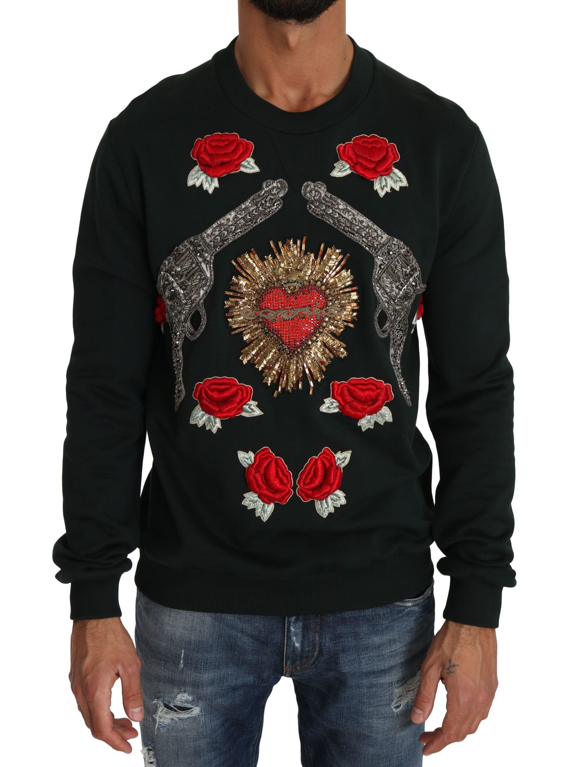 Dolce & Gabbana Grüner Kristall Herz Rosen Gun Pullover