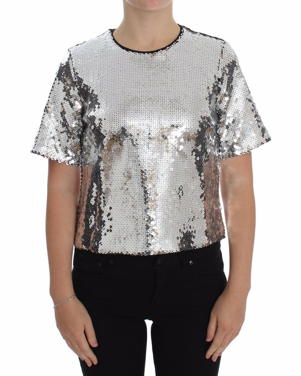 Dolce & Gabbana Silberne paillettenbesetzte Bluse mit Rundhalsausschnitt T-shirt Top