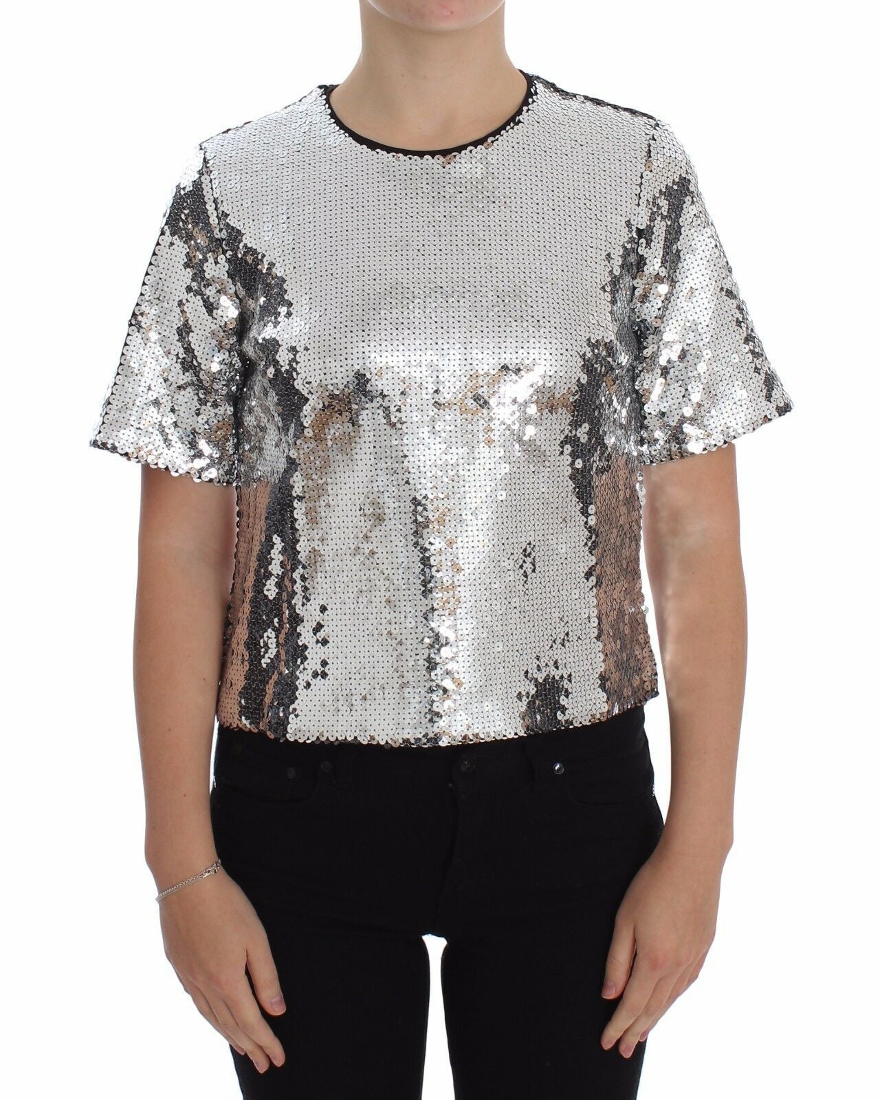 Dolce & Gabbana Silberne paillettenbesetzte Bluse mit Rundhalsausschnitt T-shirt Top