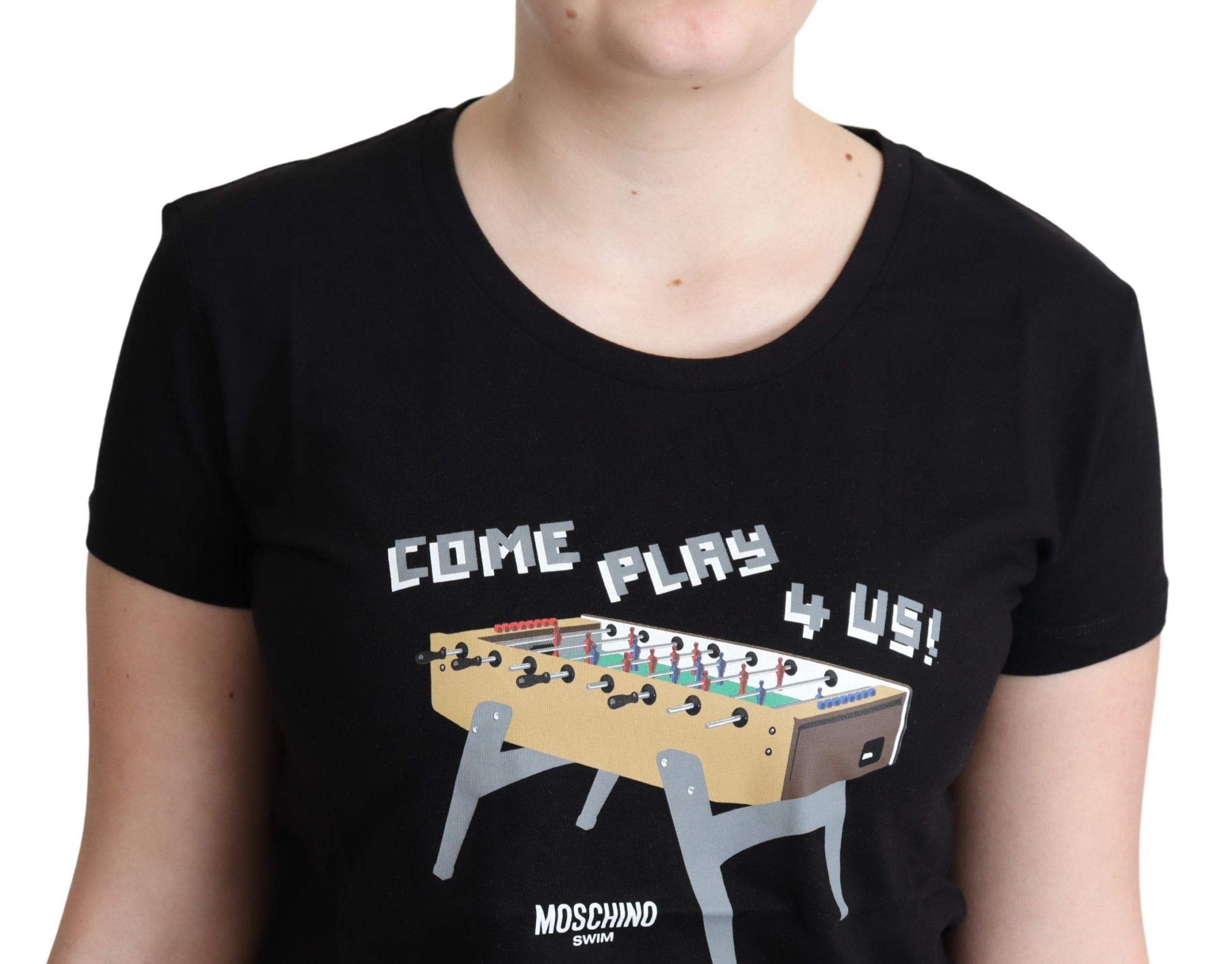 Moschino Schwarzes Baumwoll-T-Shirt Come Play 4 Us Print Tops