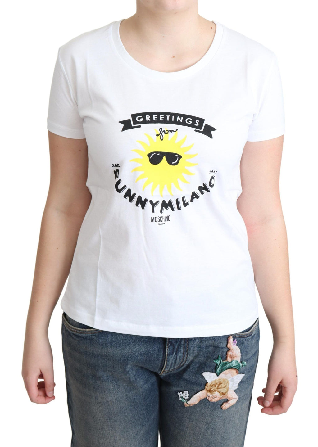 Moschino Weißes Baumwoll-T-Shirt mit Sunny Milano-Aufdruck