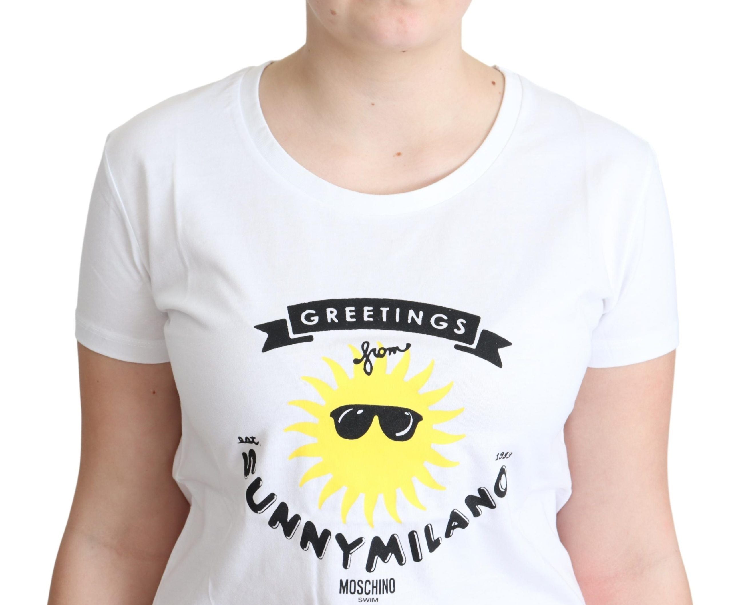 Moschino Weißes Baumwoll-T-Shirt mit Sunny Milano-Aufdruck