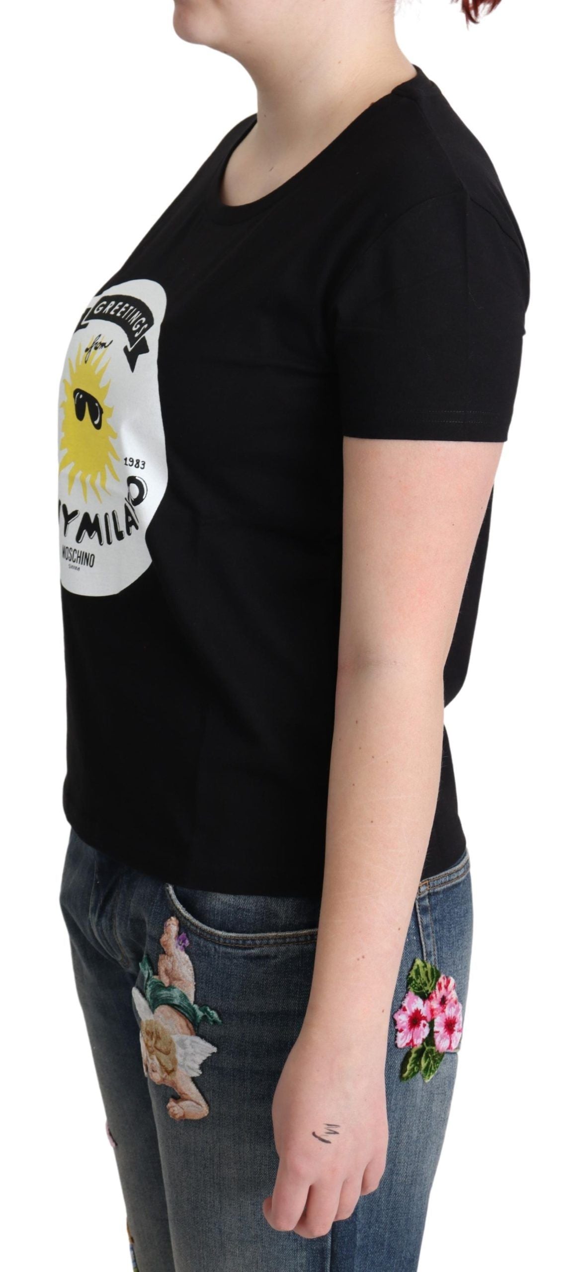 Moschino Schwarzes Baumwoll-T-Shirt mit Sunny Milano-Aufdruck