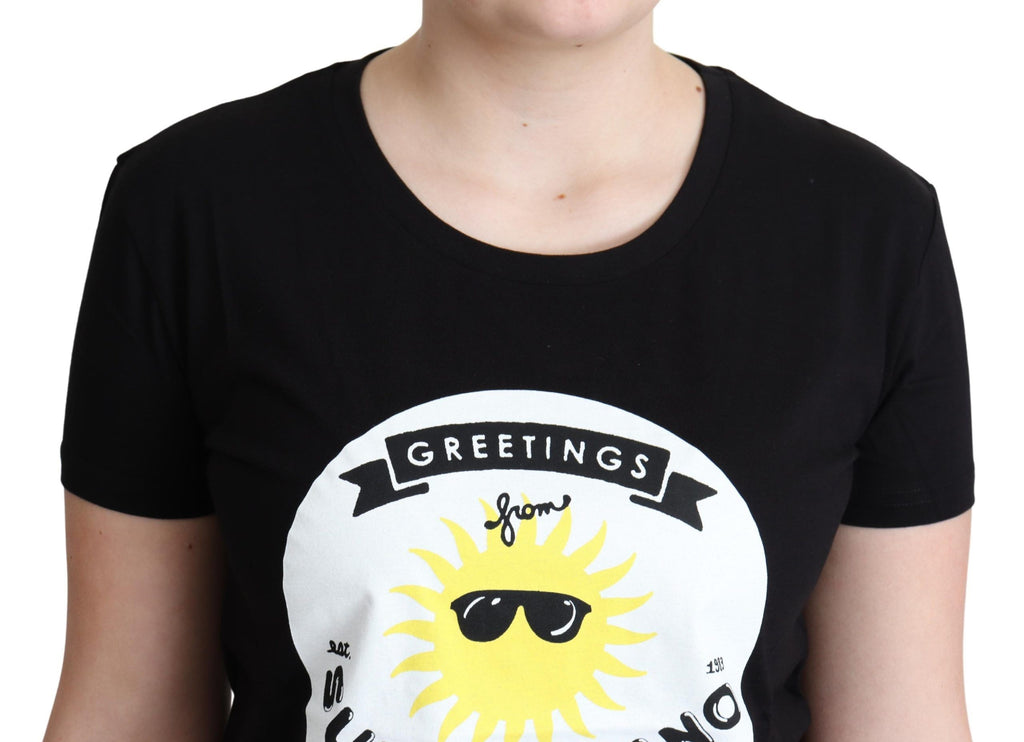 Moschino Schwarzes Baumwoll-T-Shirt mit Sunny Milano-Aufdruck