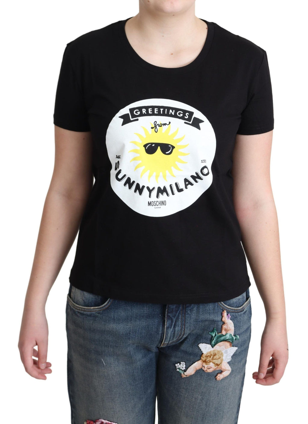Moschino Schwarzes Baumwoll-T-Shirt mit Sunny Milano-Aufdruck