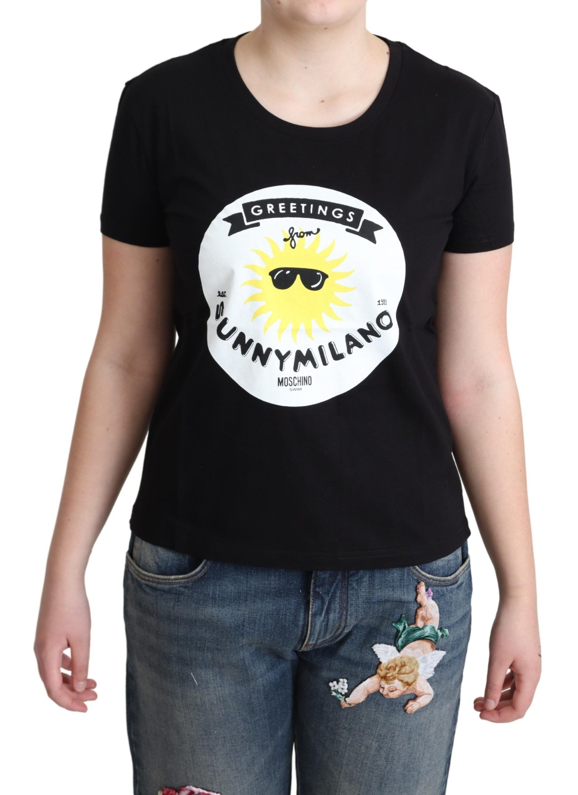 Moschino Schwarzes Baumwoll-T-Shirt mit Sunny Milano-Aufdruck