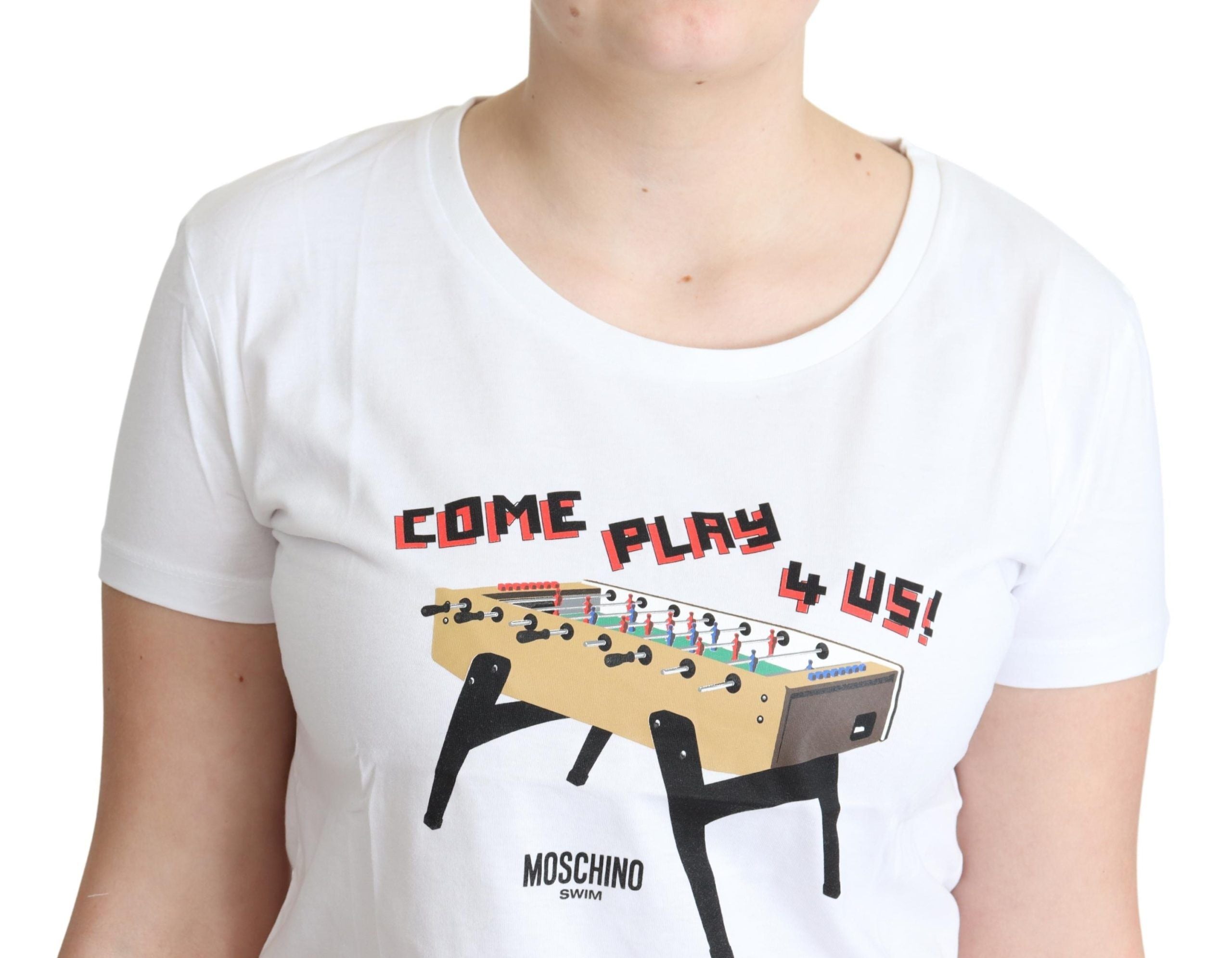 Moschino Weißes Baumwoll-T-Shirt Come Play 4 Us Print Tops