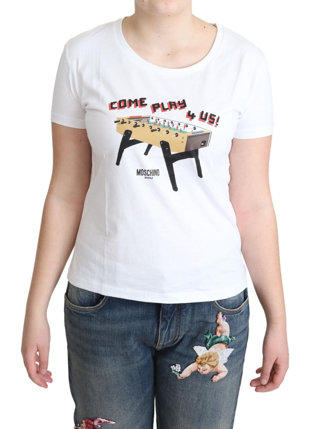 Moschino Weißes Baumwoll-T-Shirt Come Play 4 Us Print Tops