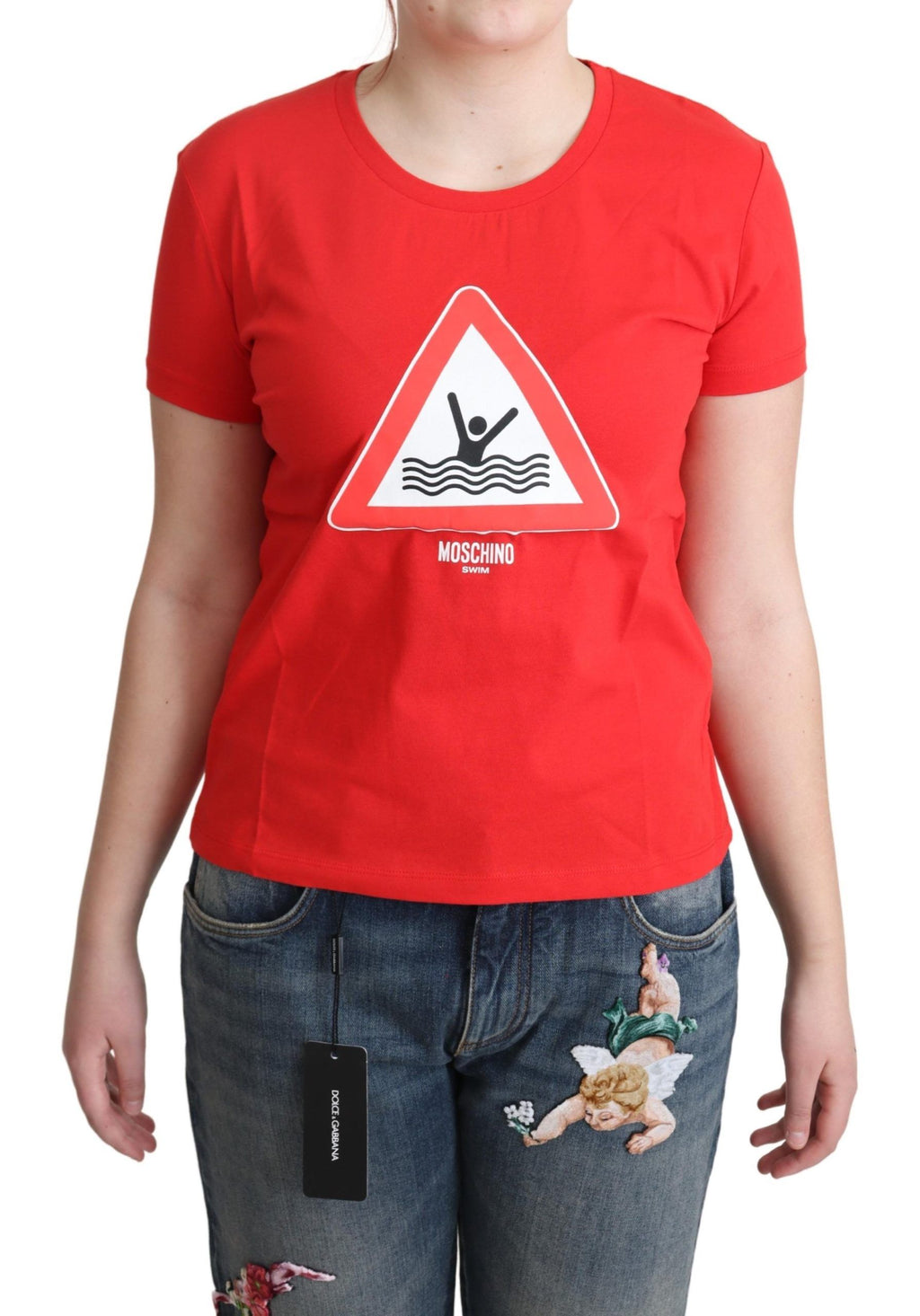 Moschino Rotes T-Shirt mit Dreiecksaufdruck aus Baumwolle zum Schwimmen