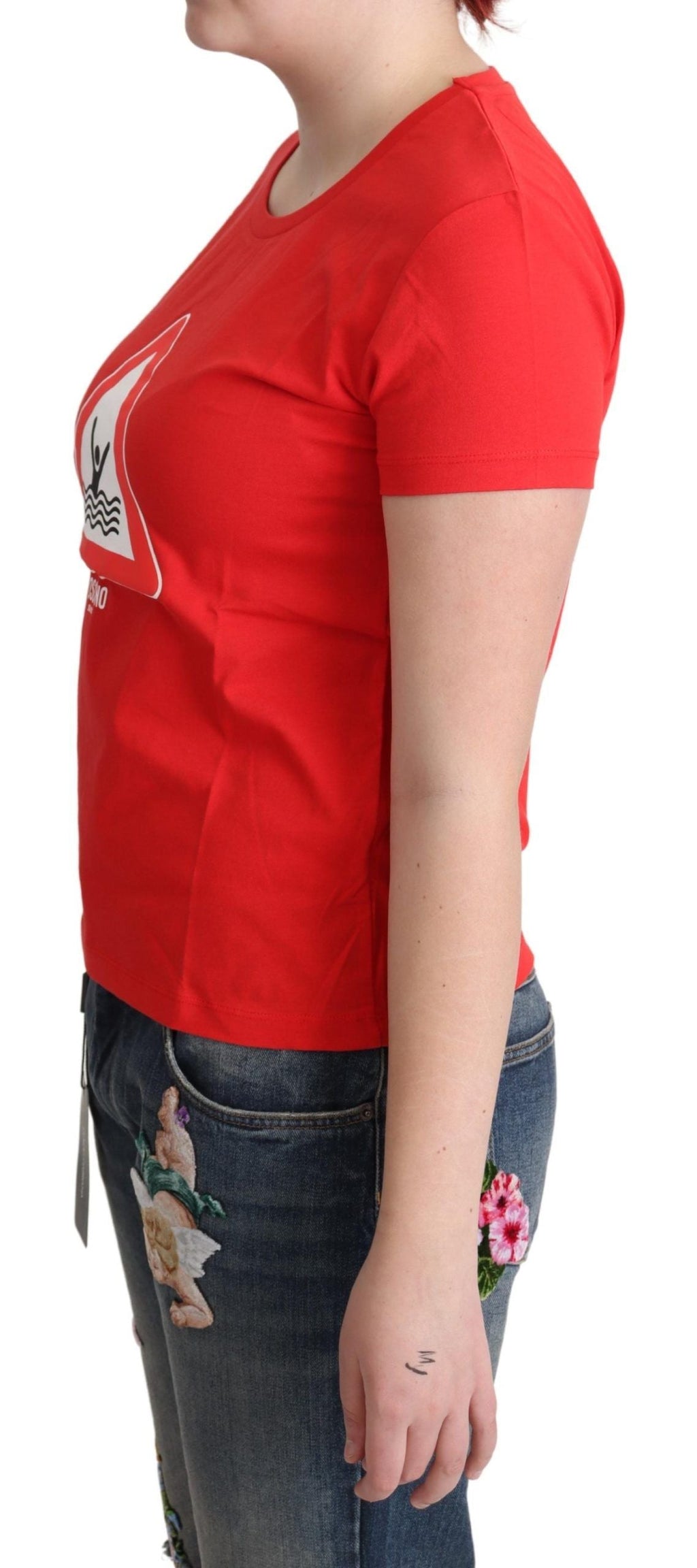 Moschino Rotes T-Shirt mit Dreiecksaufdruck aus Baumwolle zum Schwimmen