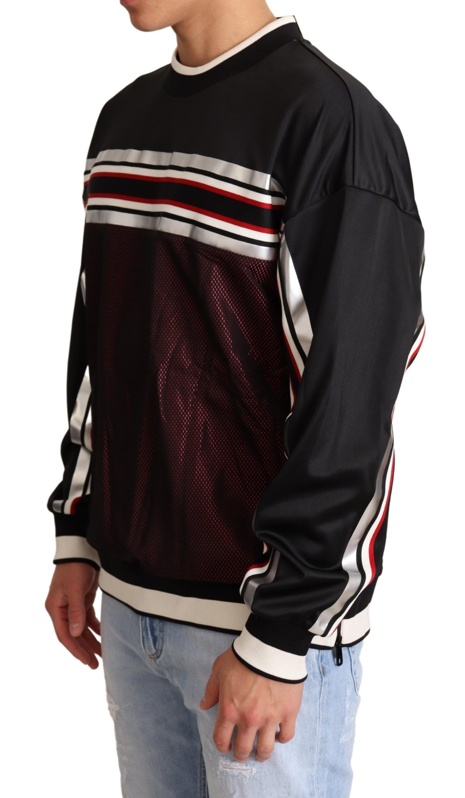Dolce & Gabbana Schwarzer roter Mesh Sport Pullover mit Rundhalsausschnitt