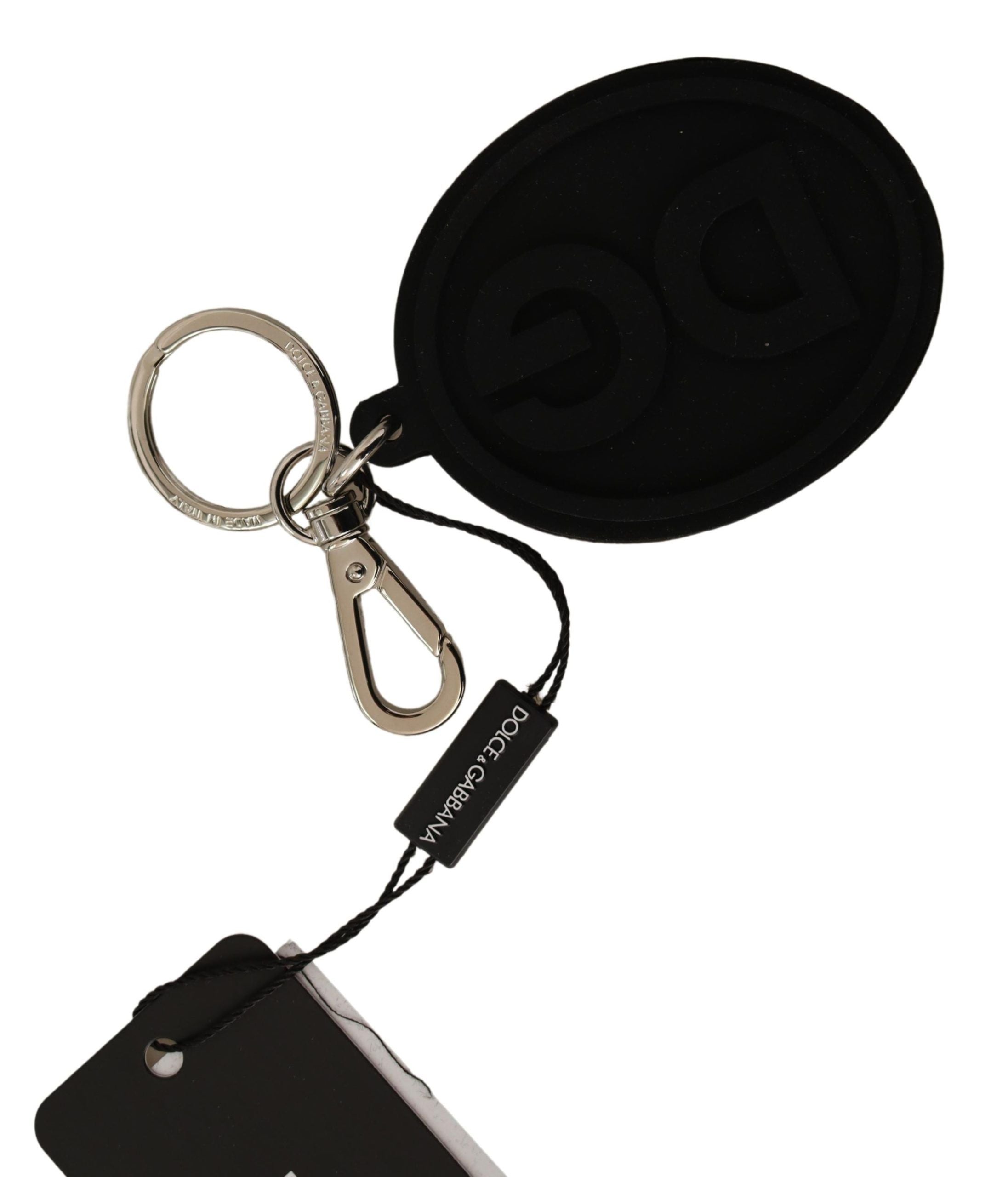 Dolce & Gabbana Schwarzer Gummi DG Logo Silber Messing Metall Schlüsselanhänger